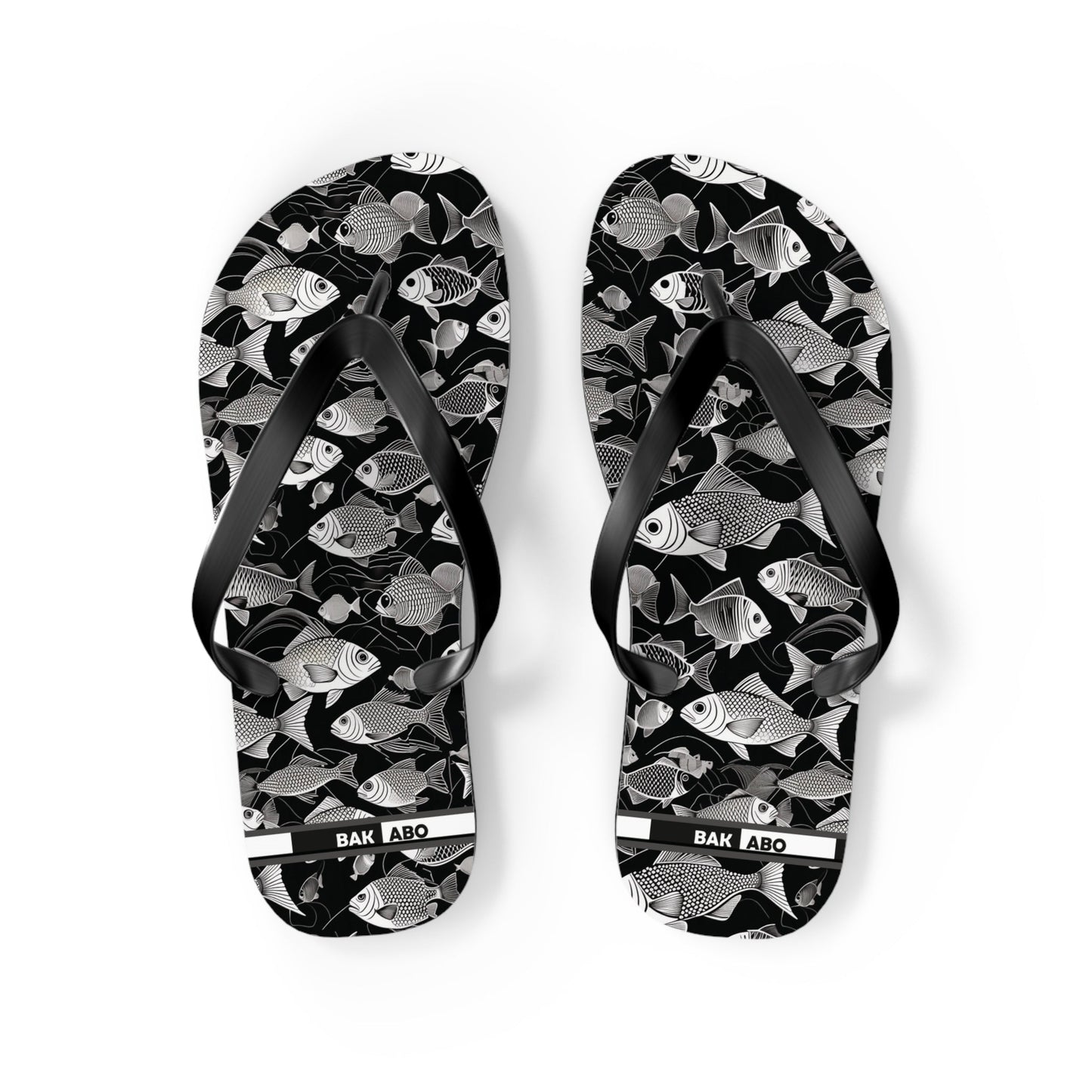 Tropical Fish Flip Flops — Black & White Beach Sandals with Fish Pattern Printify bakabo.club