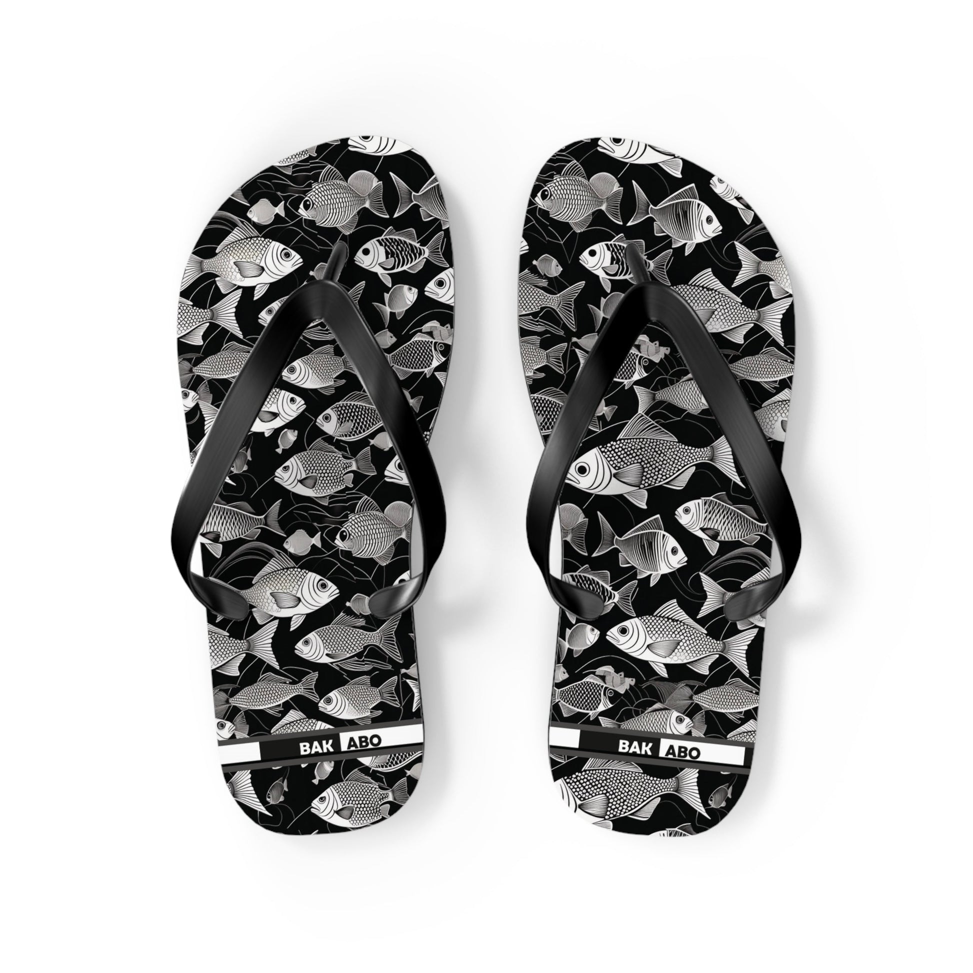 Tropical Fish Flip Flops — Black & White Beach Sandals with Fish Pattern Printify bakabo.club