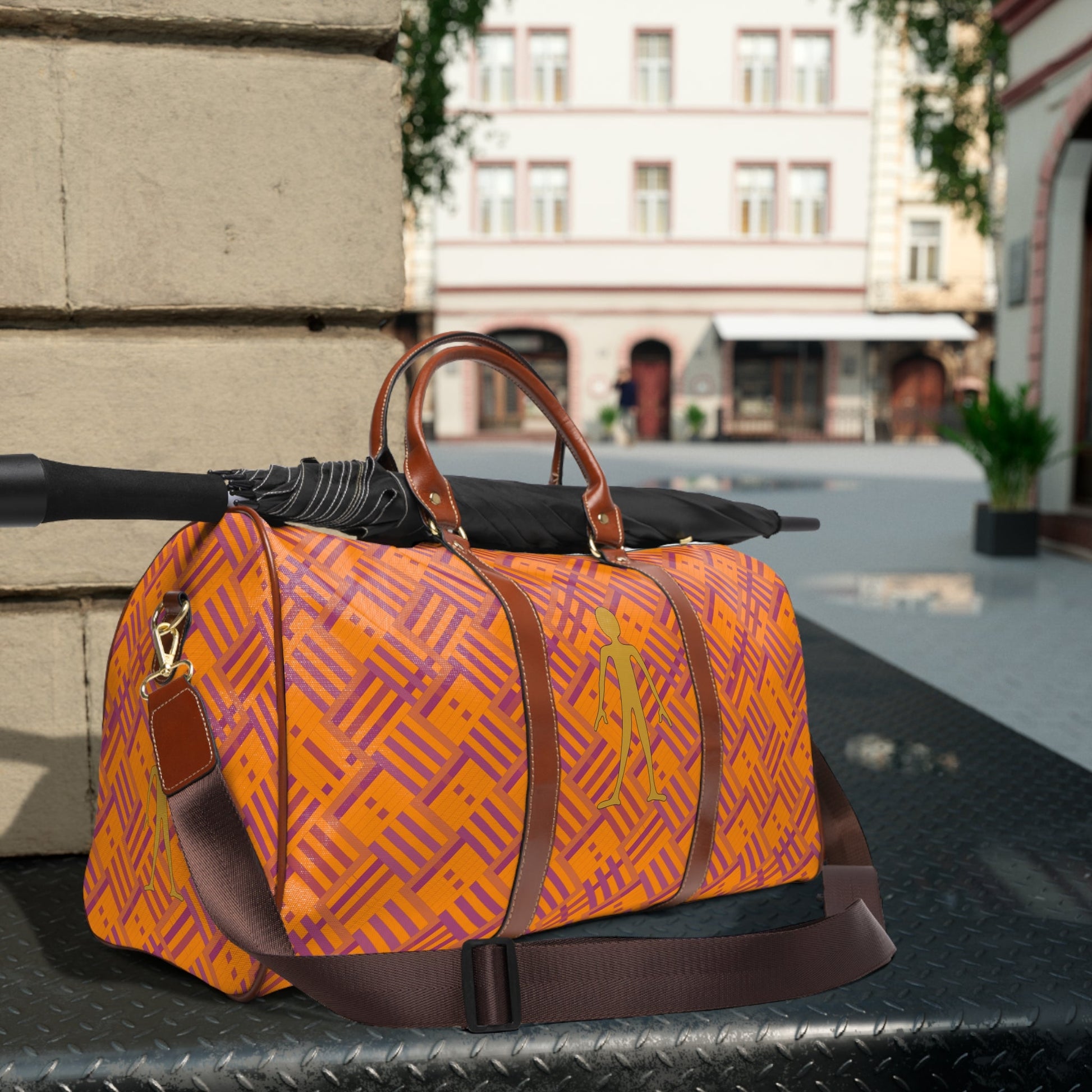 Waterproof Travel Bag - Orange Geometric Duffle with Gold Stick Figure Accent Printify bakabo.club