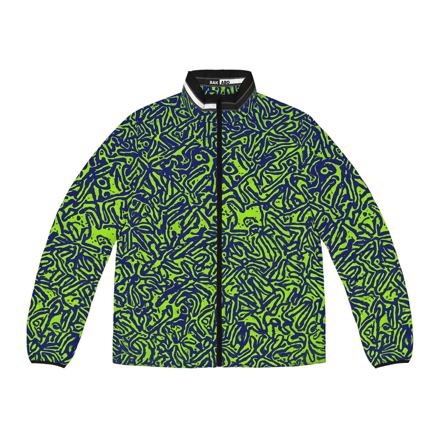 Men's Neon Abstract Puffer Jacket — Green & Navy All-Over Print Printify bakabo.club