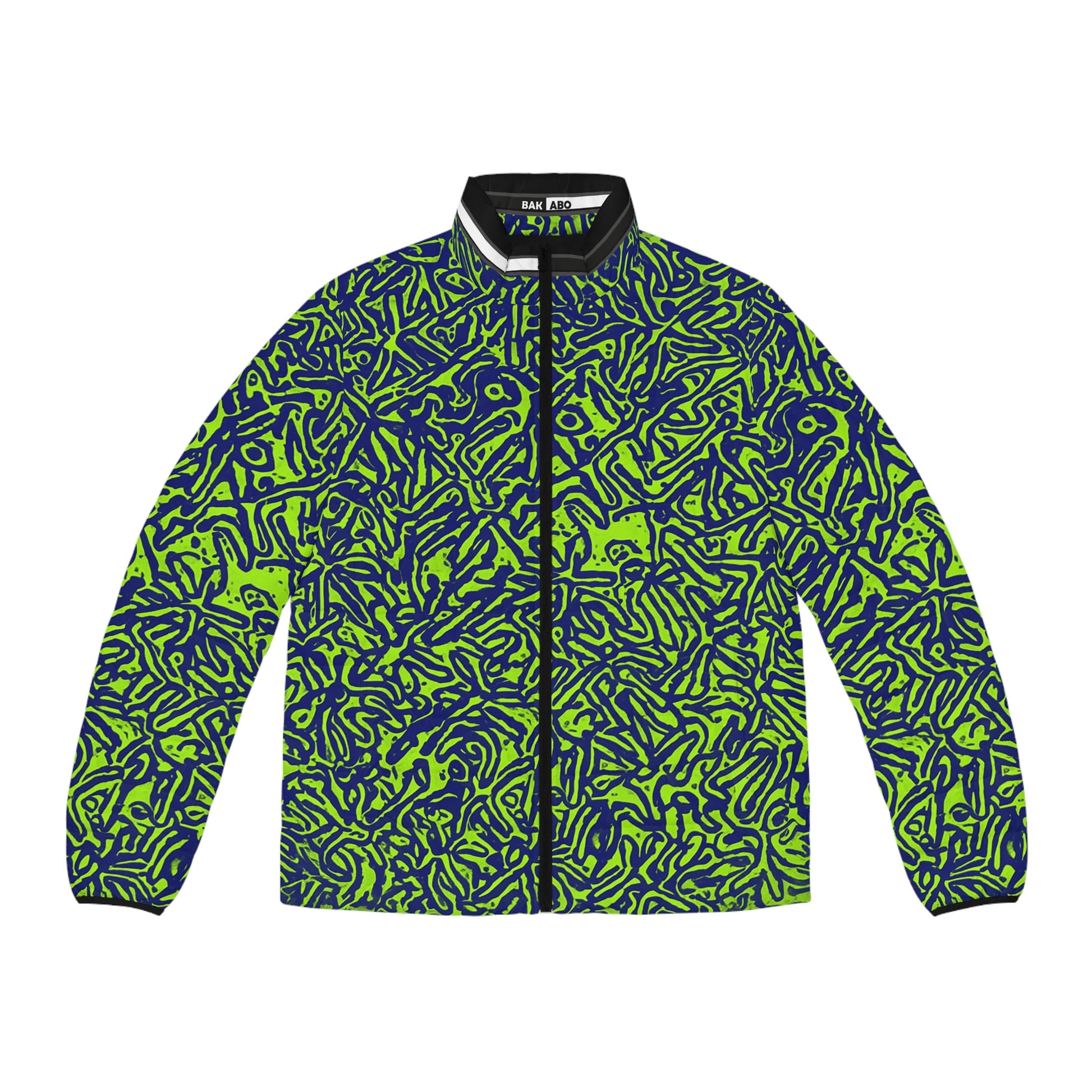 Men's Neon Abstract Puffer Jacket — Green & Navy All-Over Print Printify bakabo.club