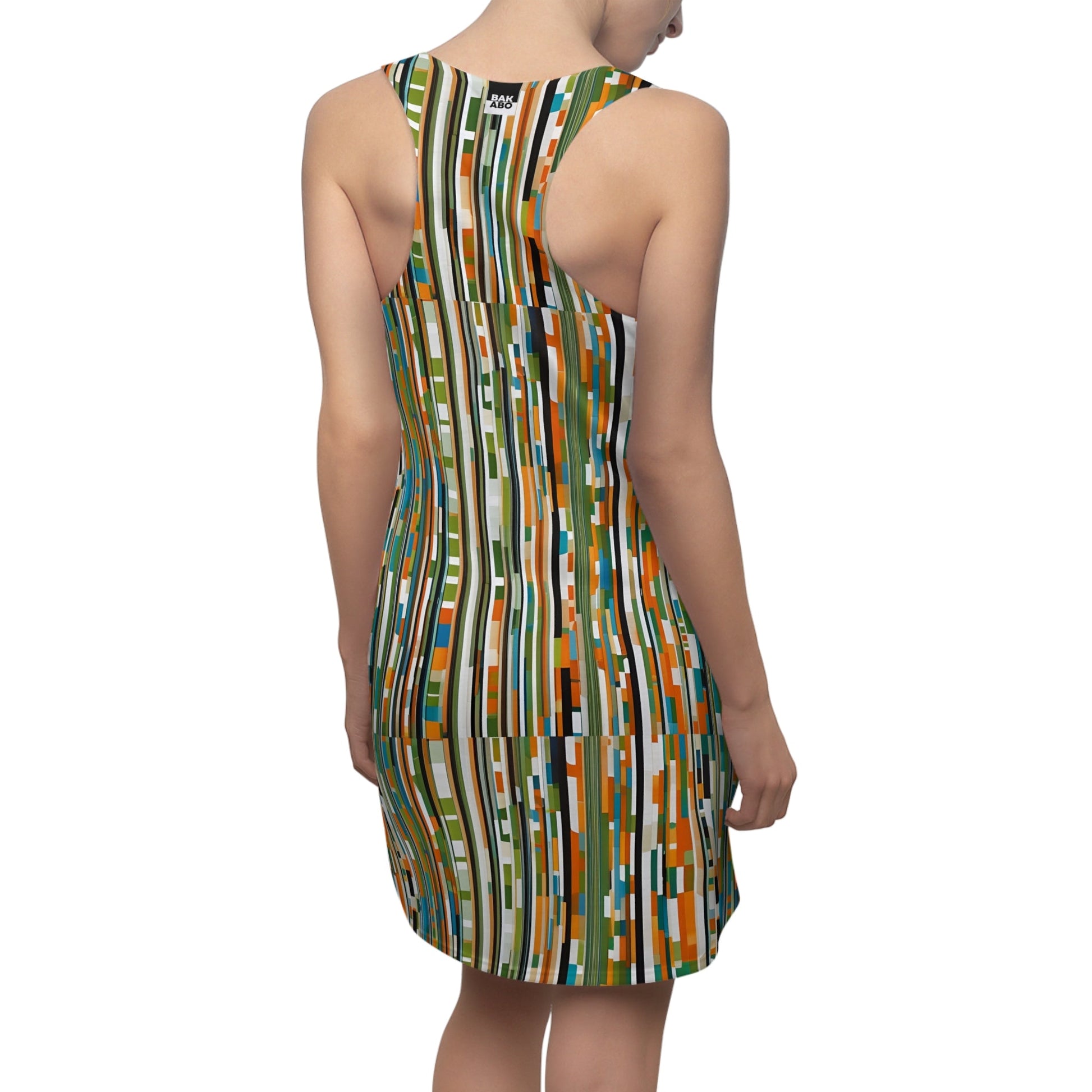 Abstract Striped Racerback Dress — Retro Olive & Orange Geometric Print Printify bakabo.club