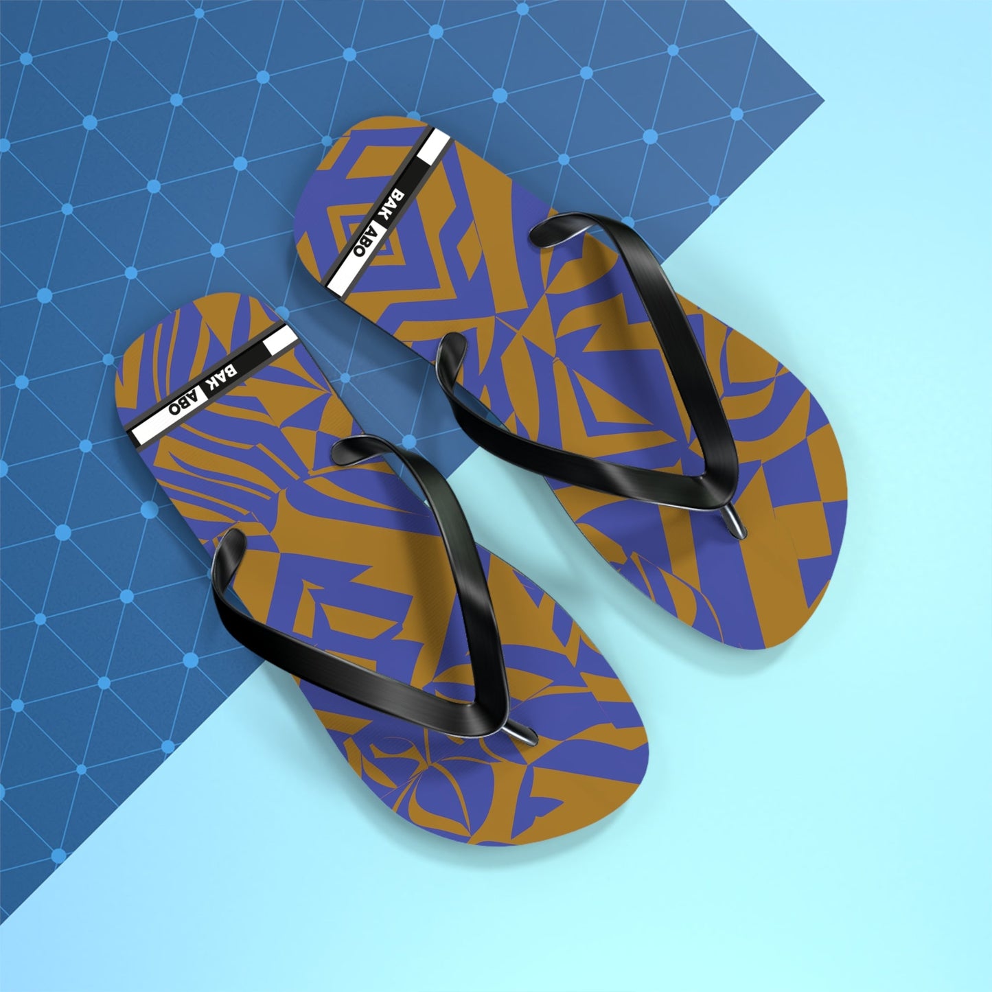 Abstract Blue & Gold Flip Flops — Tropical Geometric Beach Sandals Printify bakabo.club