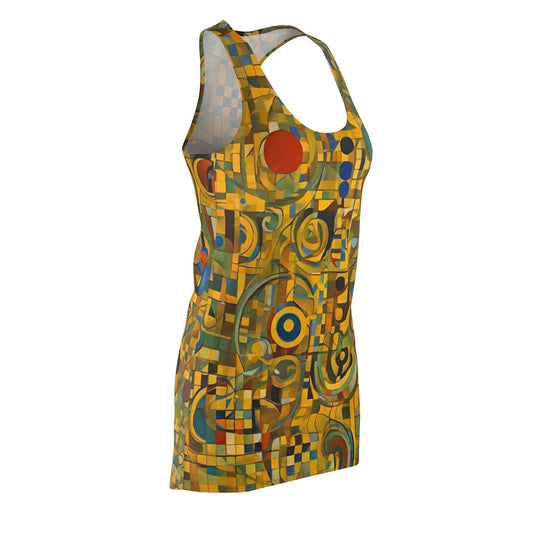 Abstract Geometric Racerback Dress — Yellow Retro Circle & Check Print