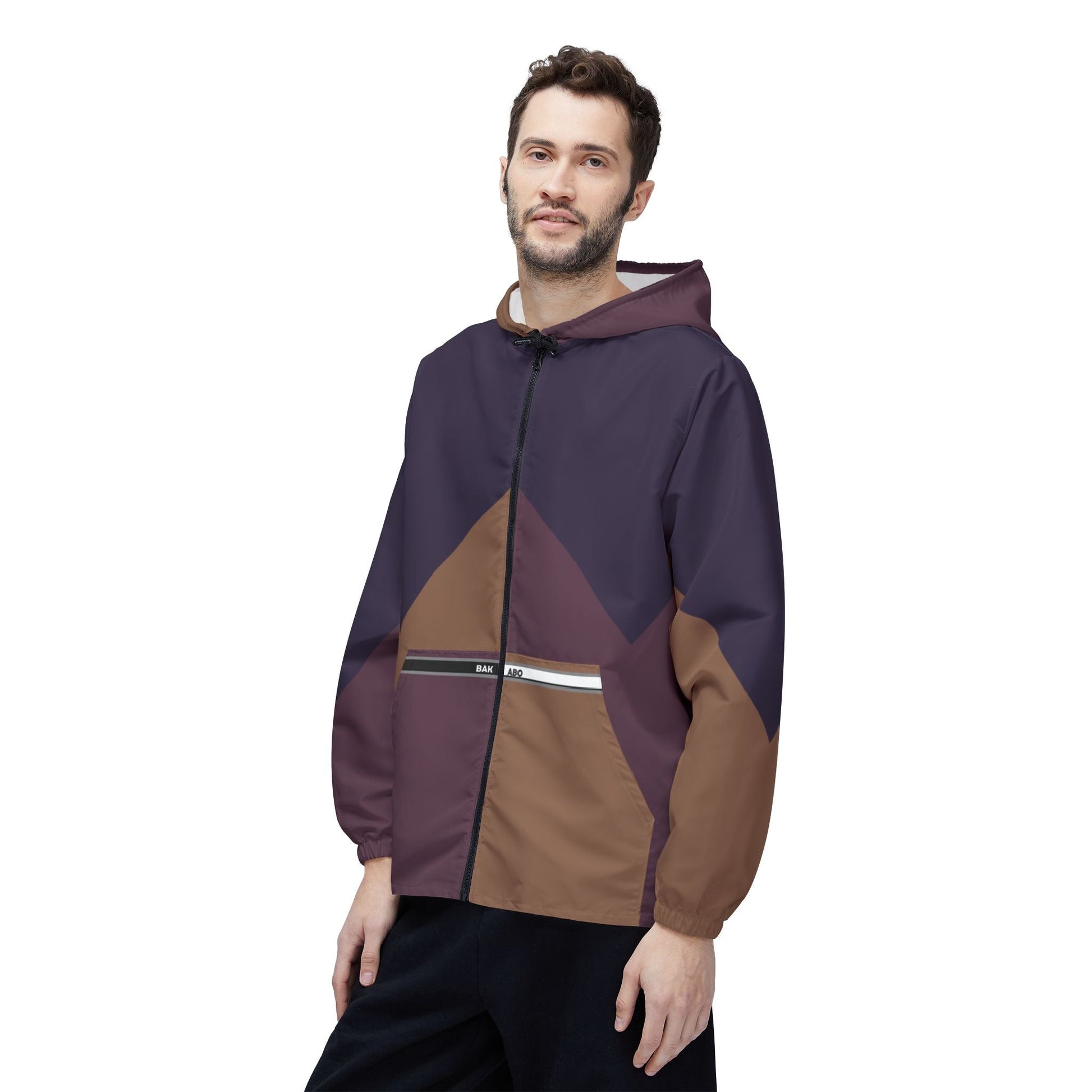 Geometric Chevron Windbreaker Jacket – Brown & Plum Colorblock Hooded Outerwear Printify bakabo.club