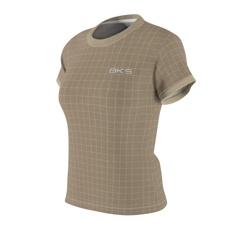 Beige Grid Women's Tee — 'BKS' Minimal Graphic Cut & Sew T‑Shirt