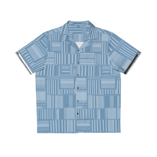 Men's Blue Geo Patchwork Hawaiian Shirt — Lightweight Vacation Camp Collar Printify bakabo.club
