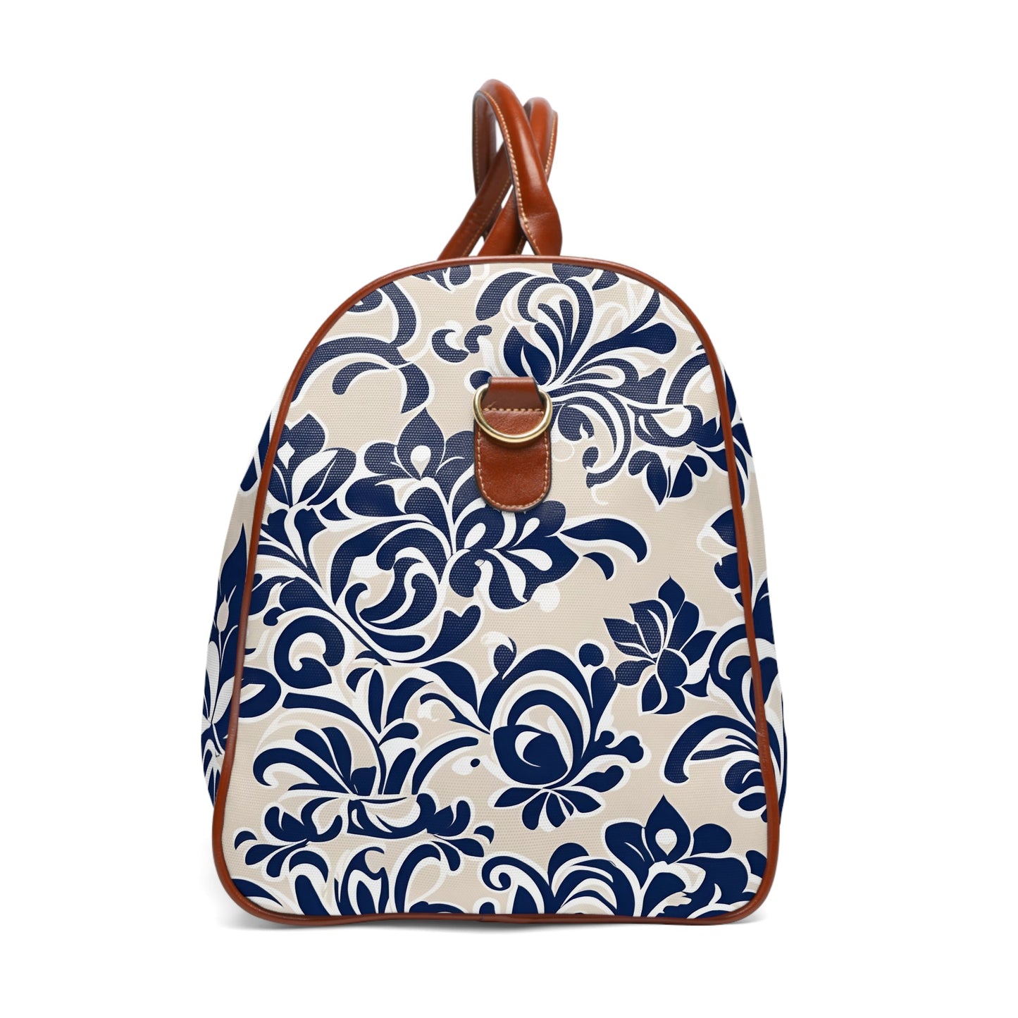 Navy Floral Waterproof Travel Bag – Weekender Duffle with Elegant Blue Damask Print Printify bakabo.club