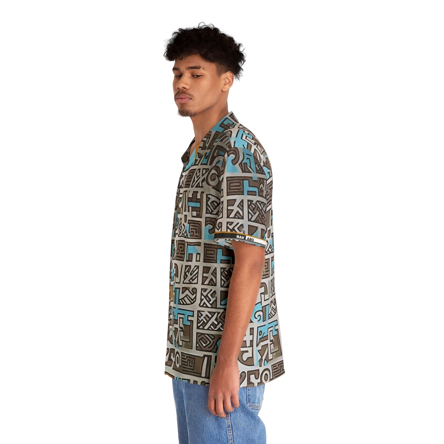 Tribal Geo Print Hawaiian Shirt — Blue & Taupe AOP Printify bakabo.club