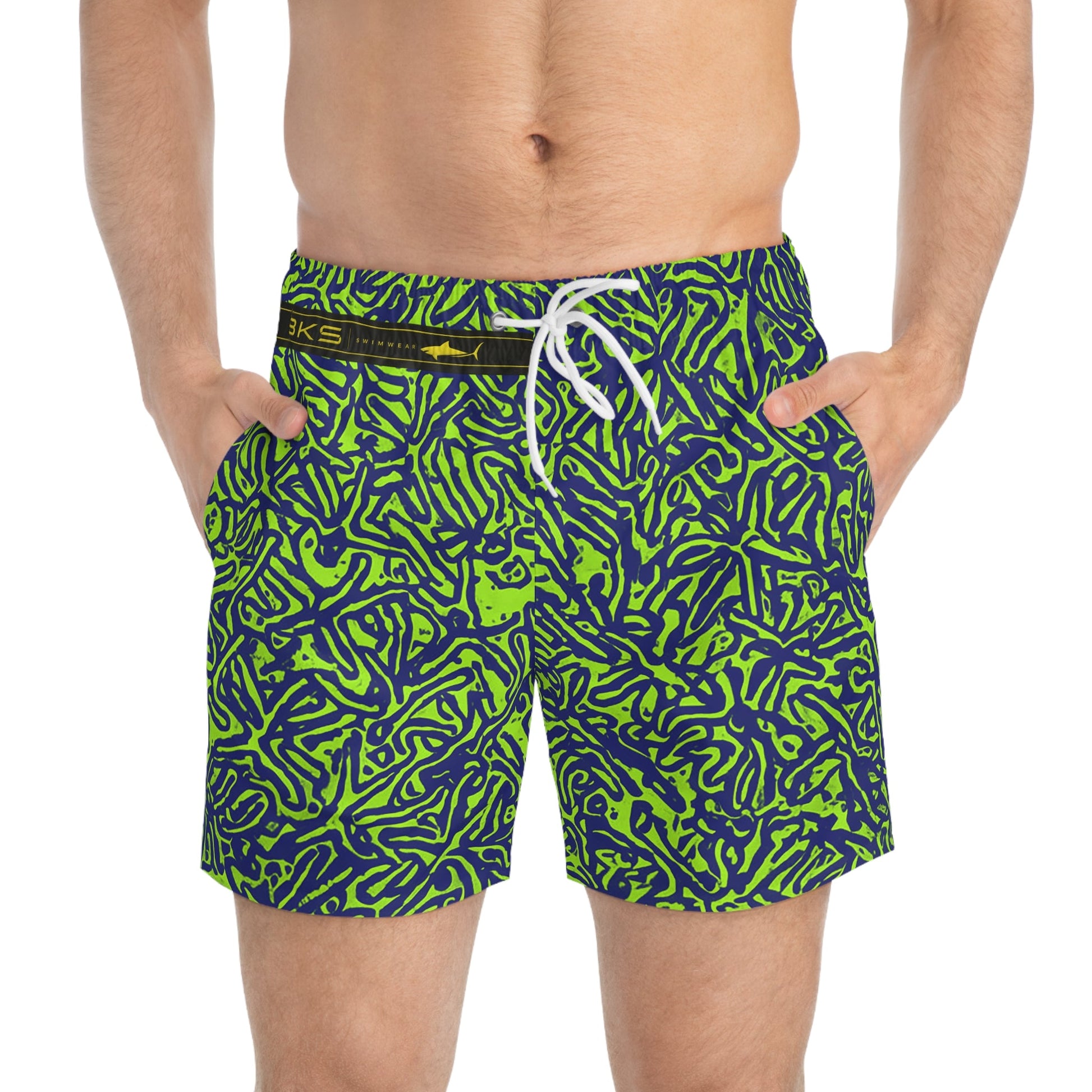 Neon Coral Reef Swim Trunks — Green & Navy All-Over Print Printify bakabo.club