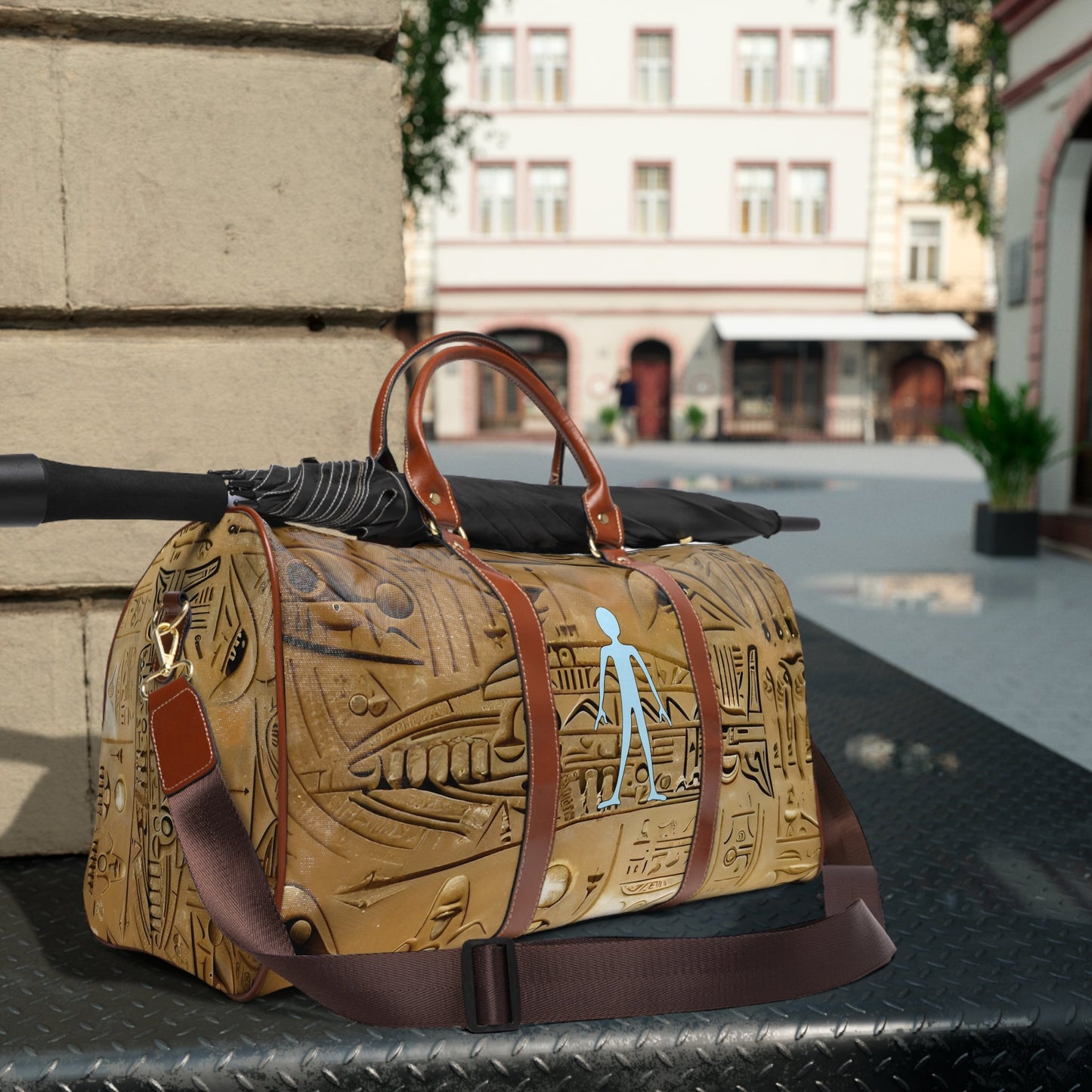 Egyptian Hieroglyph Travel Duffle — Waterproof Weekend Bag with Stick Figure Motif Printify bakabo.club