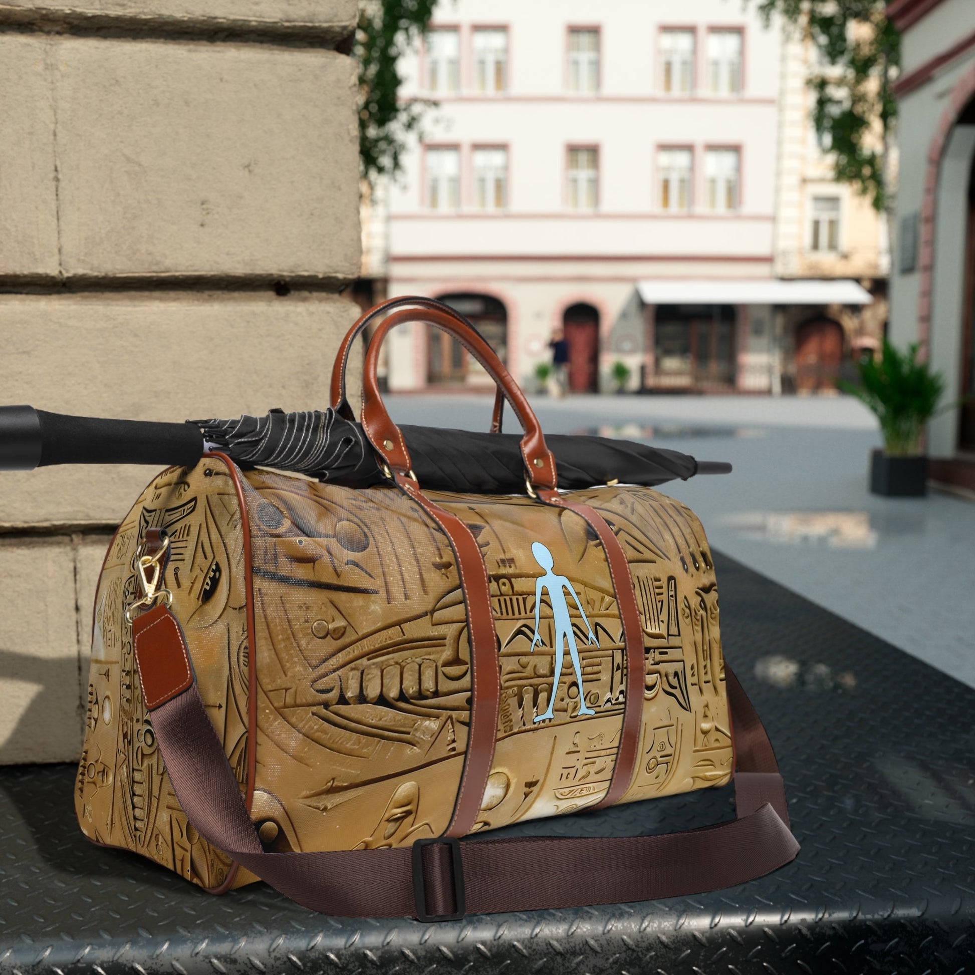 Egyptian Hieroglyph Travel Duffle — Waterproof Weekend Bag with Stick Figure Motif Printify bakabo.club