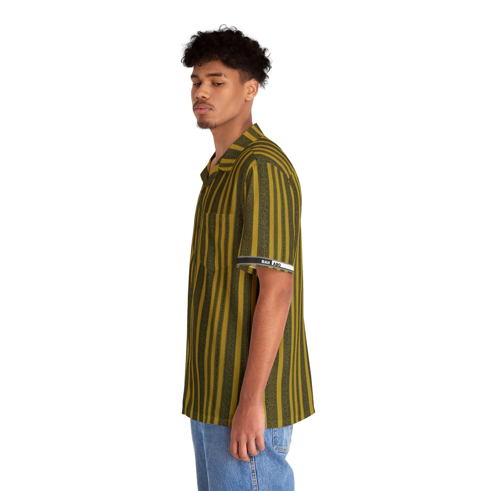Men's Striped Hawaiian Shirt — Retro Olive & Gold AOP Camp Collar Printify bakabo.club