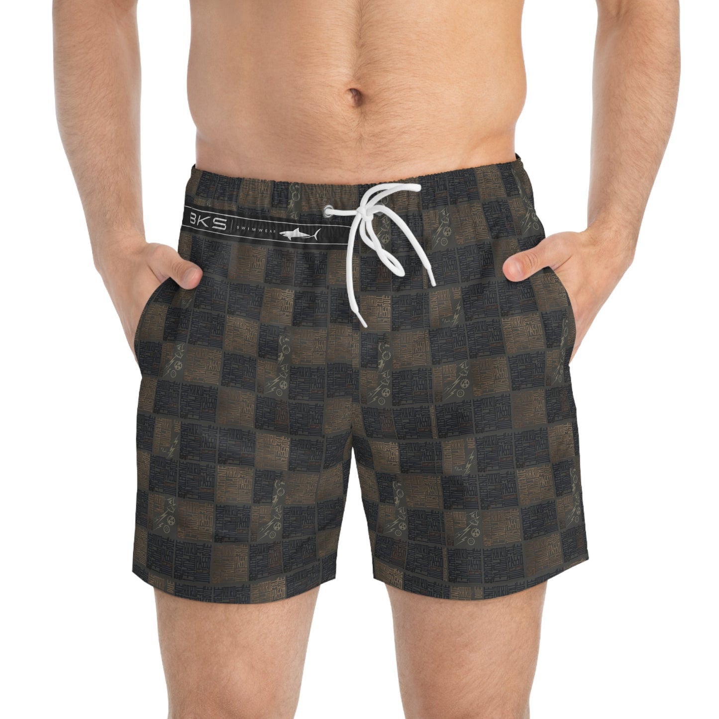 Checkerboard Swim Trunks — Distressed Black & Brown All-Over Print Printify bakabo.club