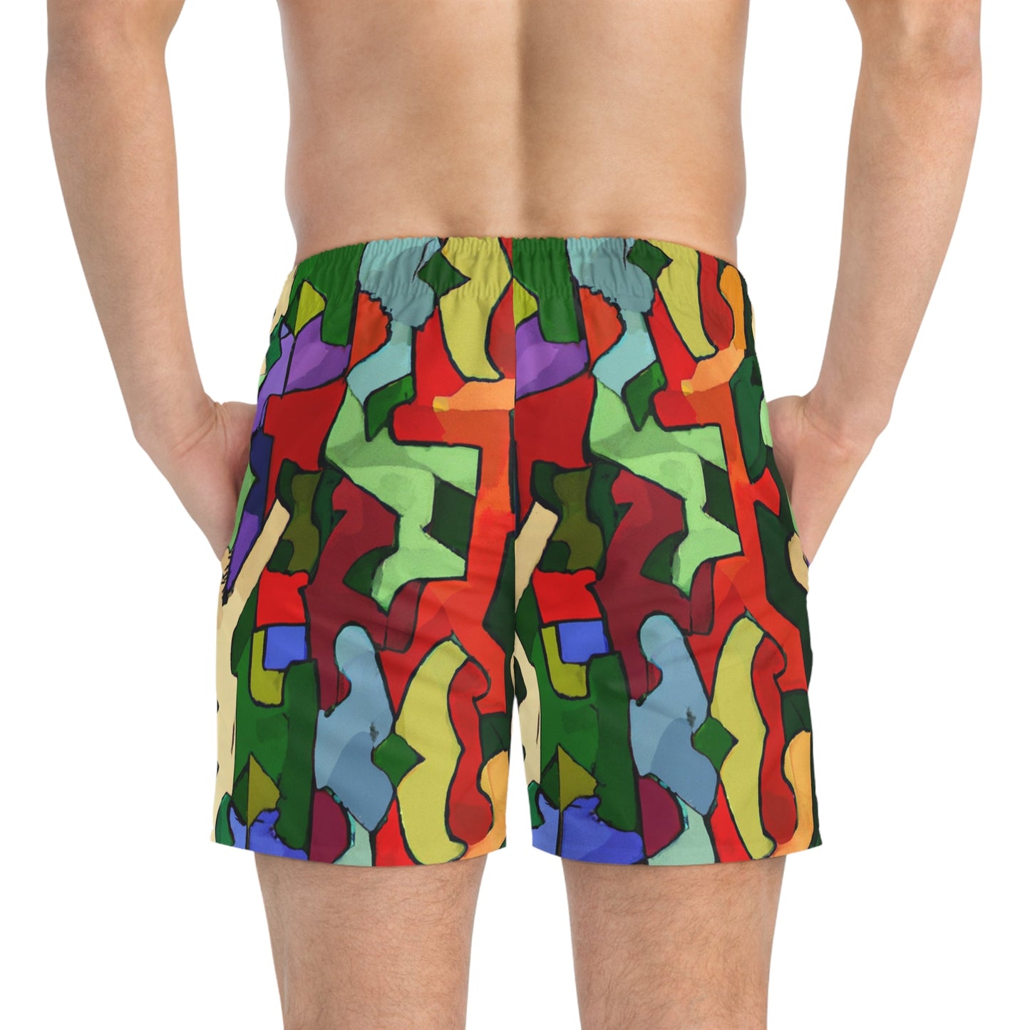 Abstract Colorblock Swim Trunks - Bold Retro Camouflage Print Printify bakabo.club