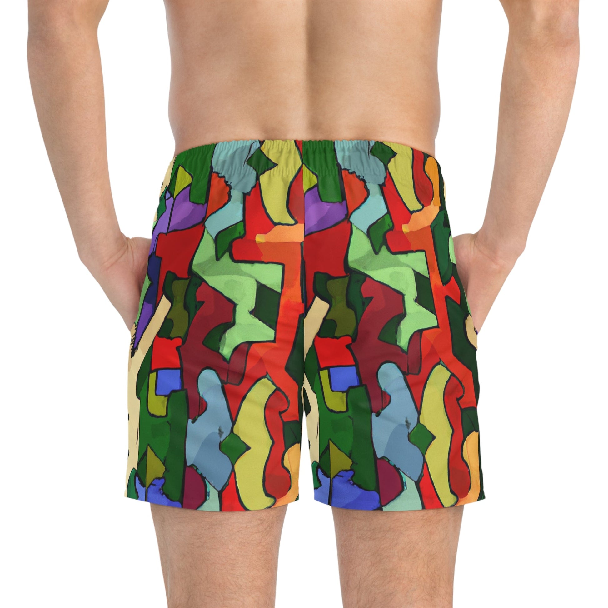 Abstract Colorblock Swim Trunks - Bold Retro Camouflage Print Printify bakabo.club