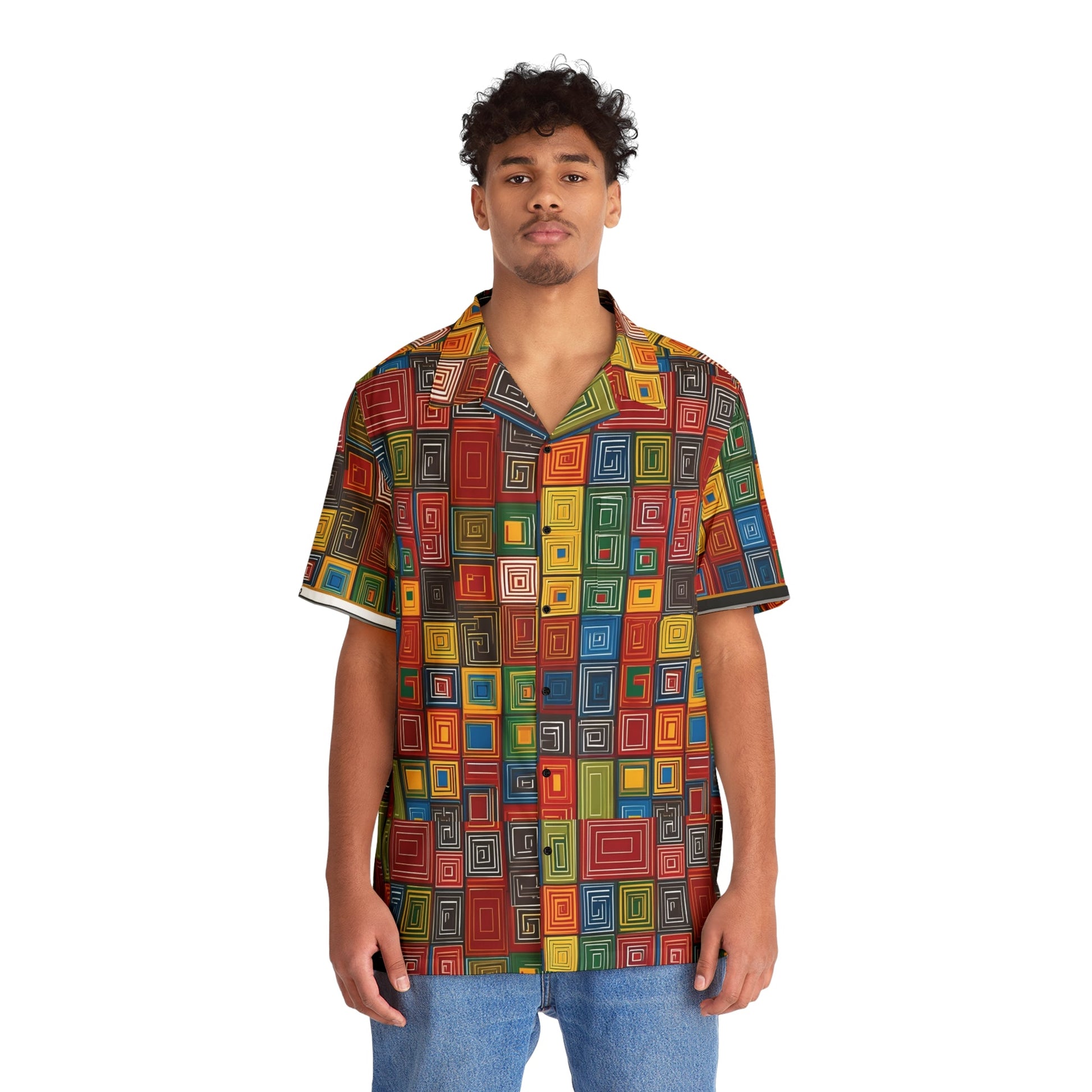 Men's Geometric Hawaiian Shirt — Colorful Retro Square Pattern AOP Printify bakabo.club