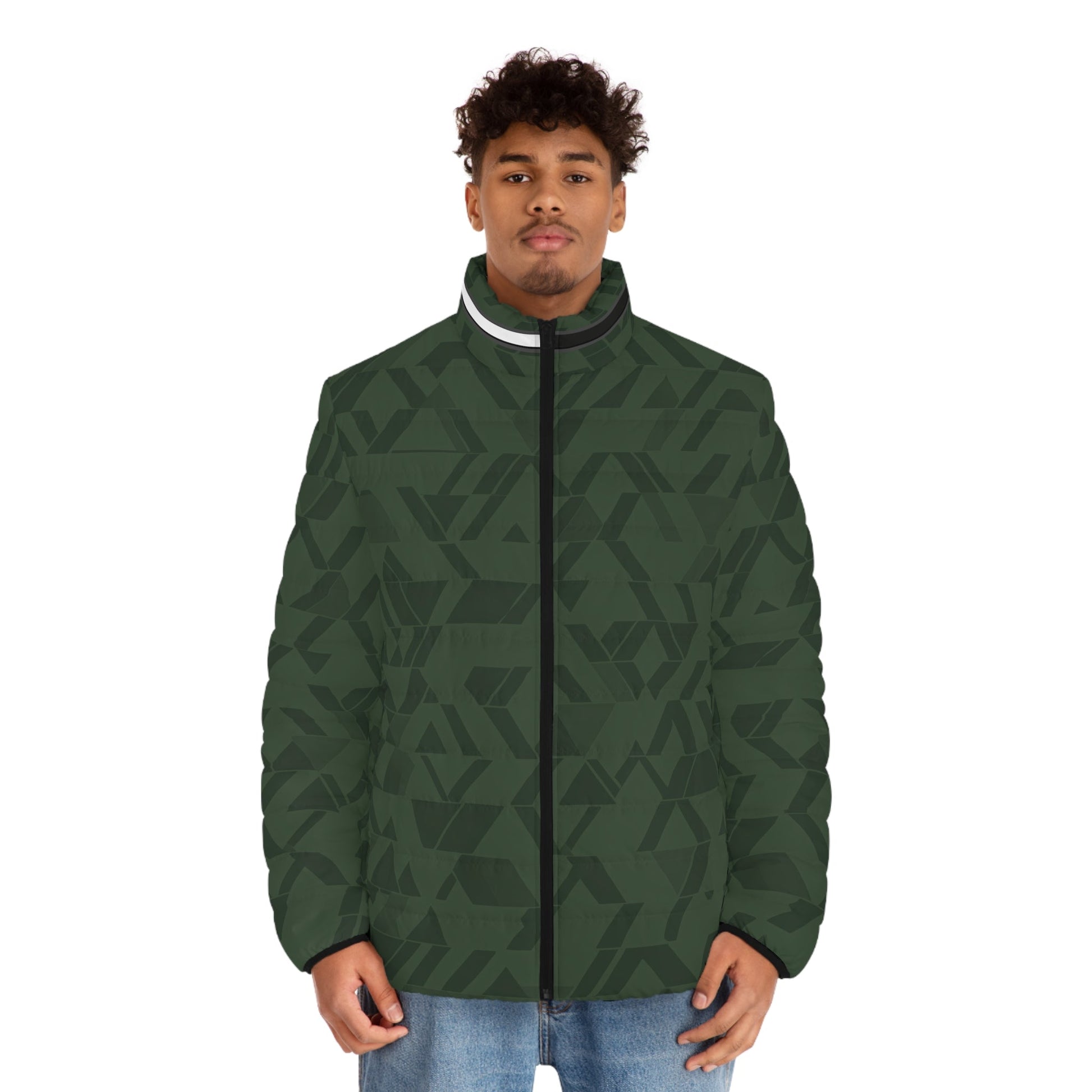 Men's Green Geometric Camouflage Puffer Jacket Printify bakabo.club