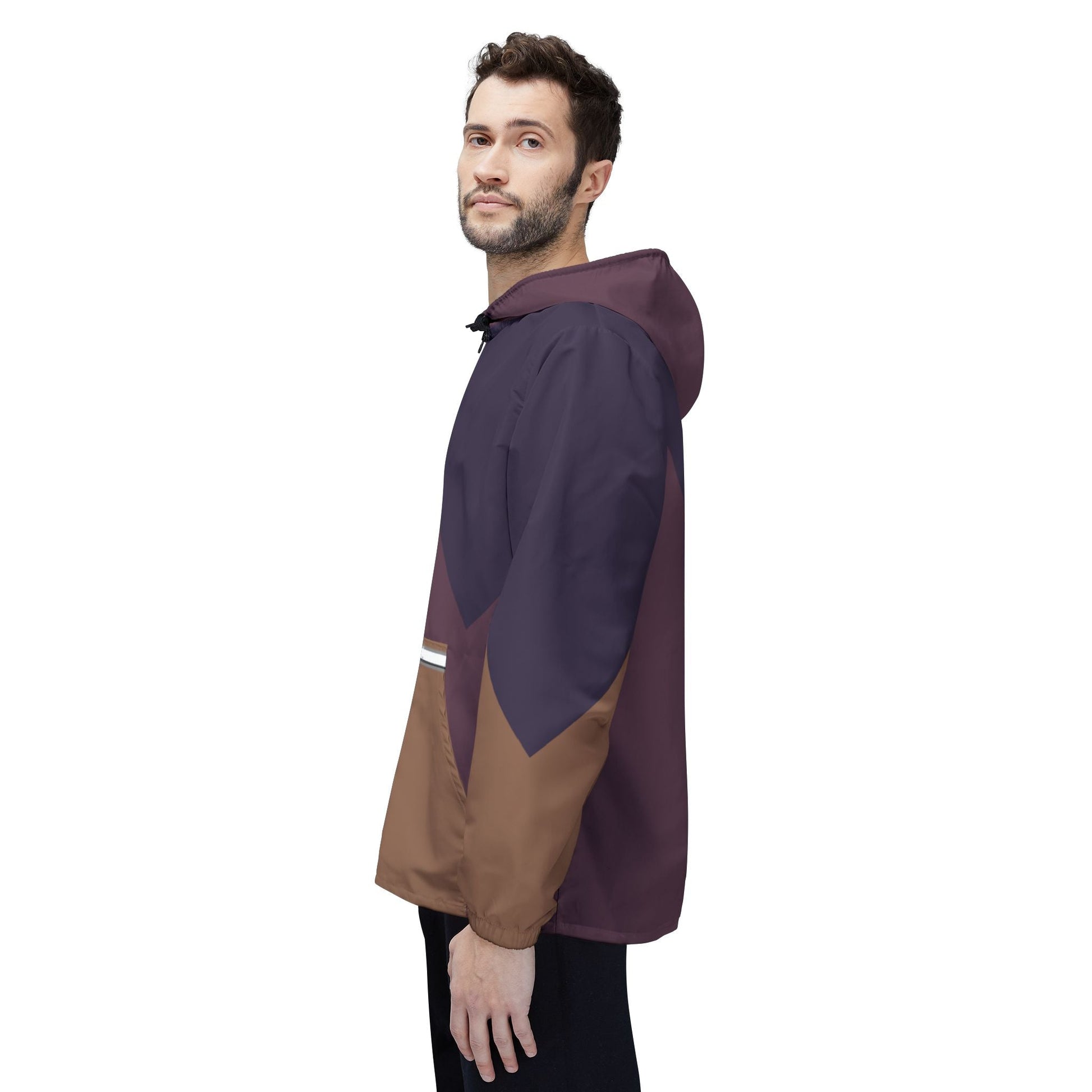 Geometric Chevron Windbreaker Jacket – Brown & Plum Colorblock Hooded Outerwear Printify bakabo.club