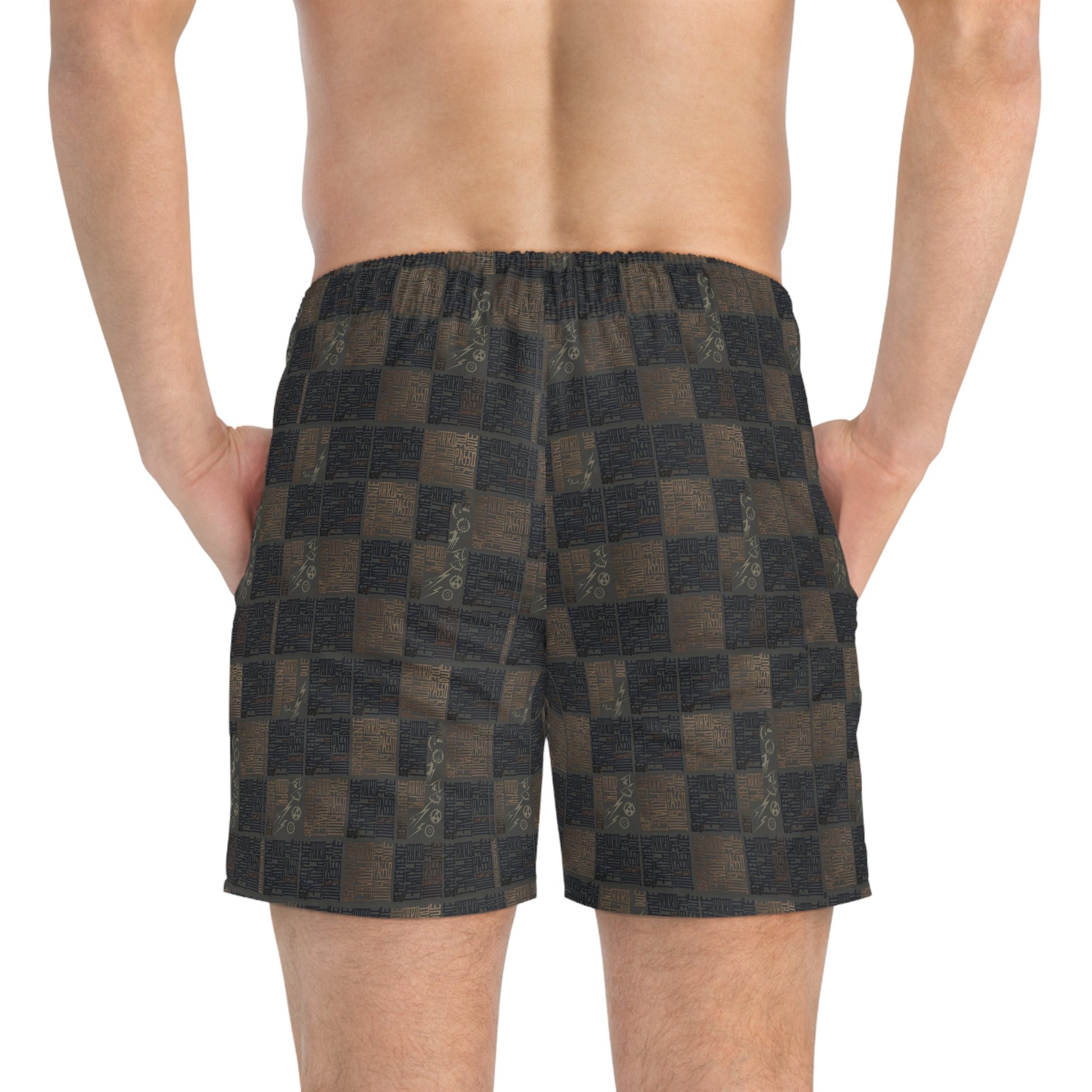 Checkerboard Swim Trunks — Distressed Black & Brown All-Over Print Printify bakabo.club