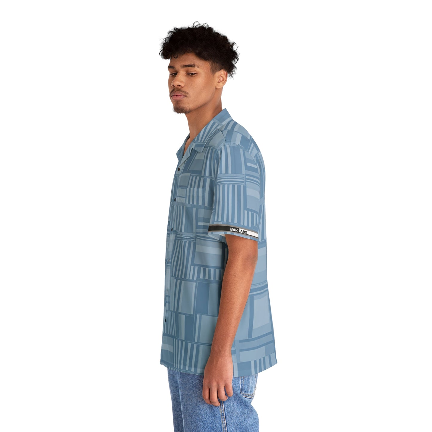 Men's Blue Geo Patchwork Hawaiian Shirt — Lightweight Vacation Camp Collar Printify bakabo.club