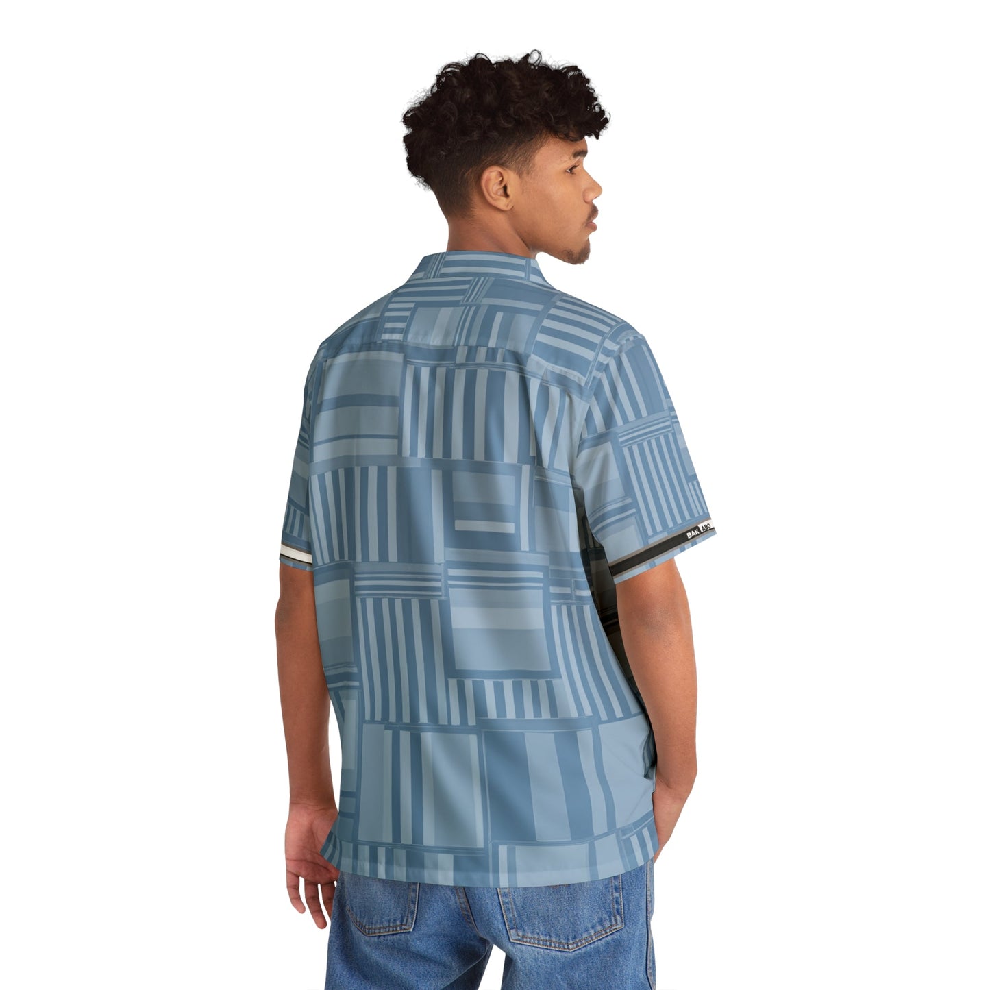 Men's Blue Geo Patchwork Hawaiian Shirt — Lightweight Vacation Camp Collar Printify bakabo.club