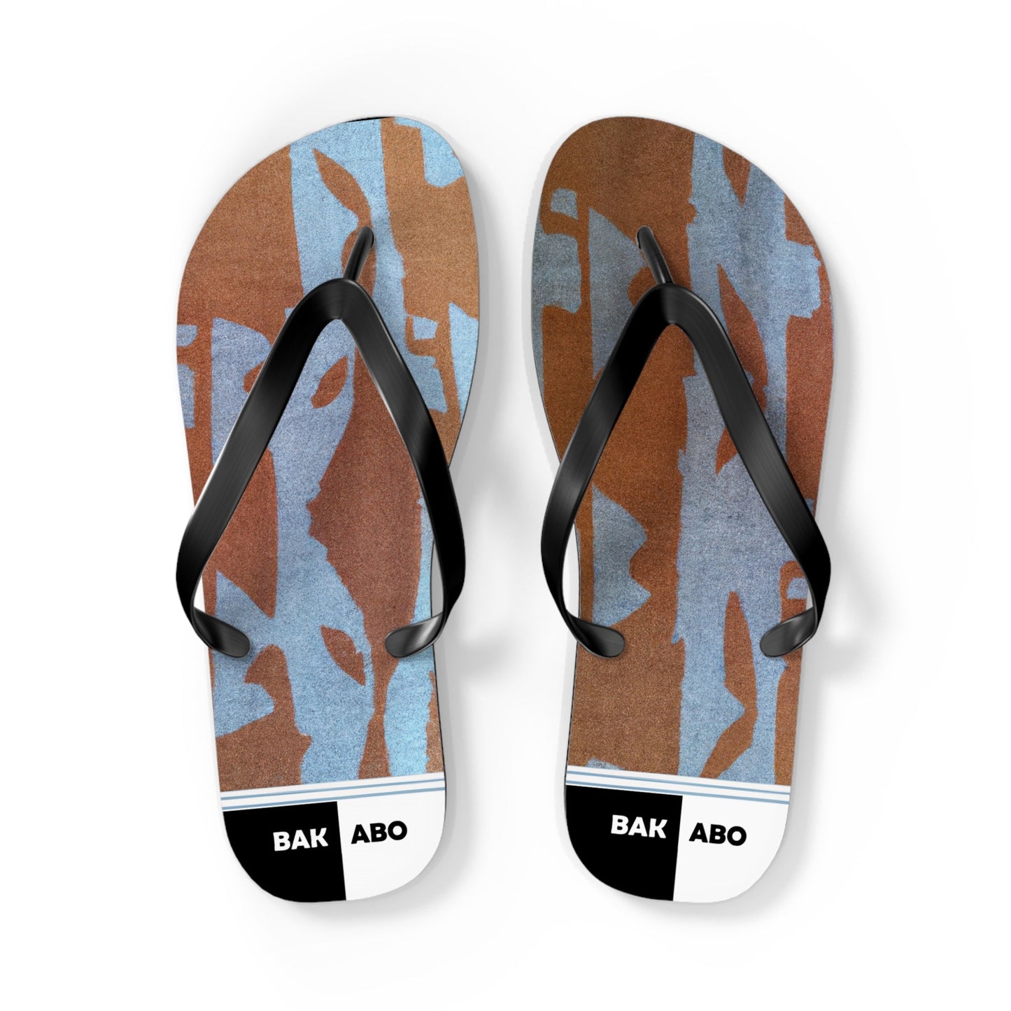 Camo Coastal Flip Flops — Blue & Brown Beach Sandals with 'BAK ABO' Accent Printify bakabo.club