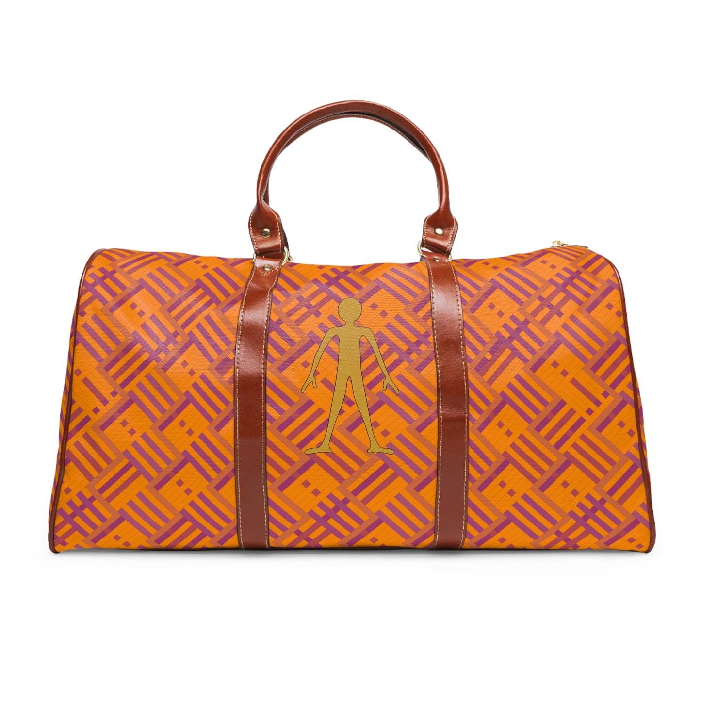 Waterproof Travel Bag - Orange Geometric Duffle with Gold Stick Figure Accent Printify bakabo.club