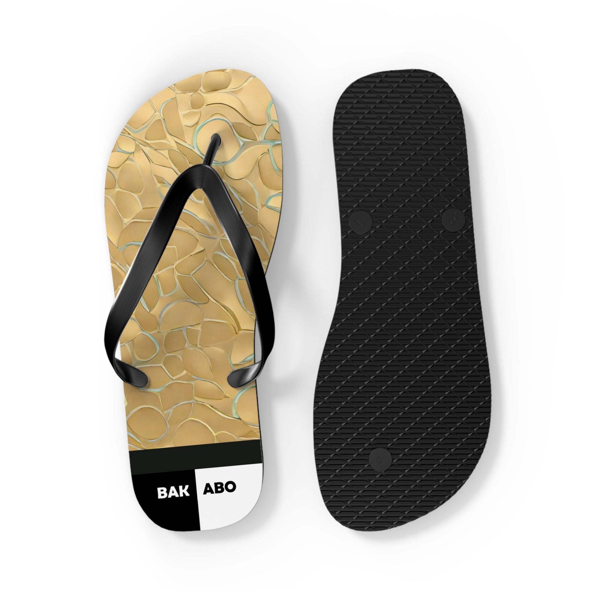 Flip Flops - Gold Marble Beach Sand Pattern with 'BAK ABO' Accent Printify bakabo.club