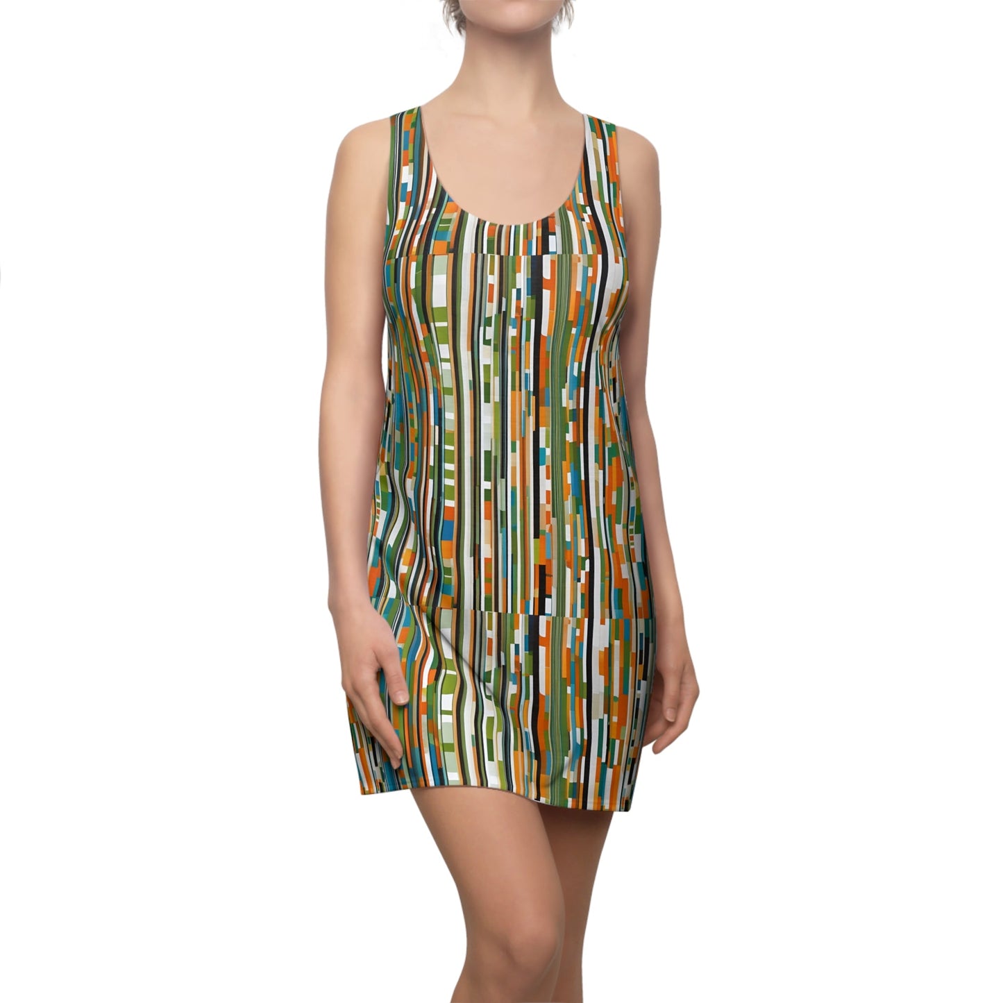 Abstract Striped Racerback Dress — Retro Olive & Orange Geometric Print Printify bakabo.club