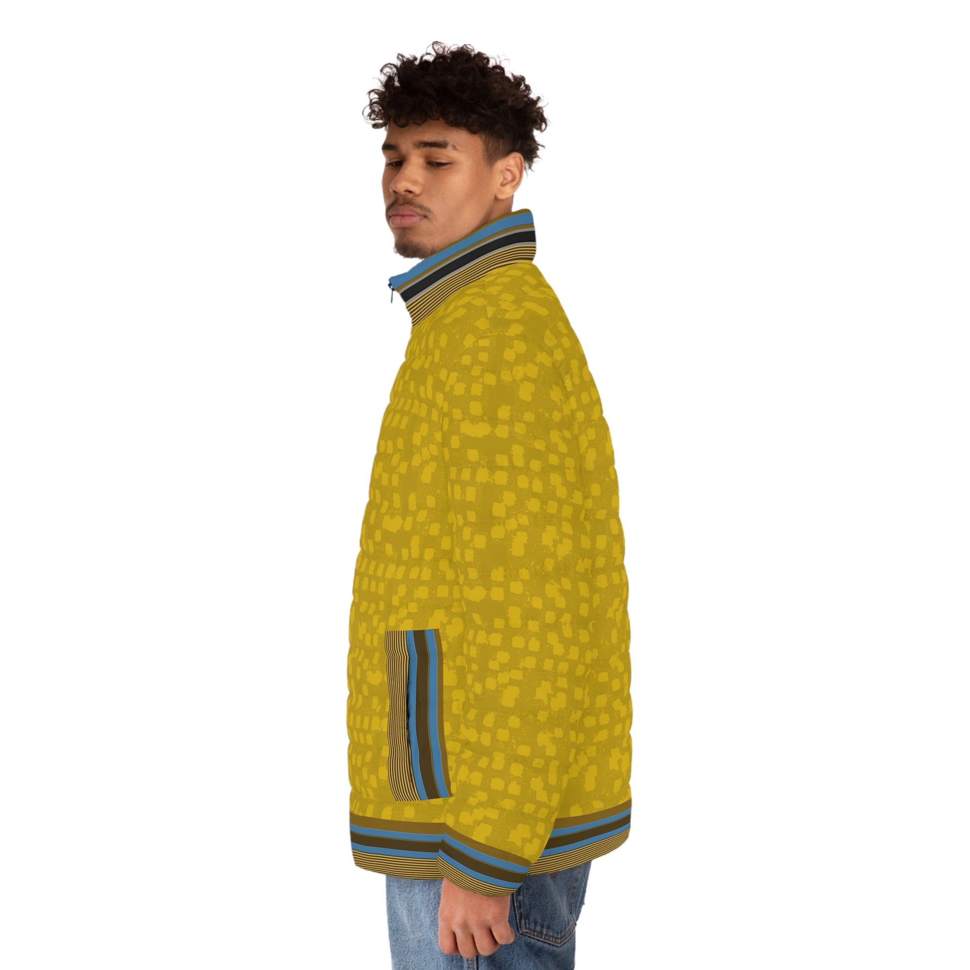 Men's Mustard Geometric Puffer Jacket Printify bakabo.club