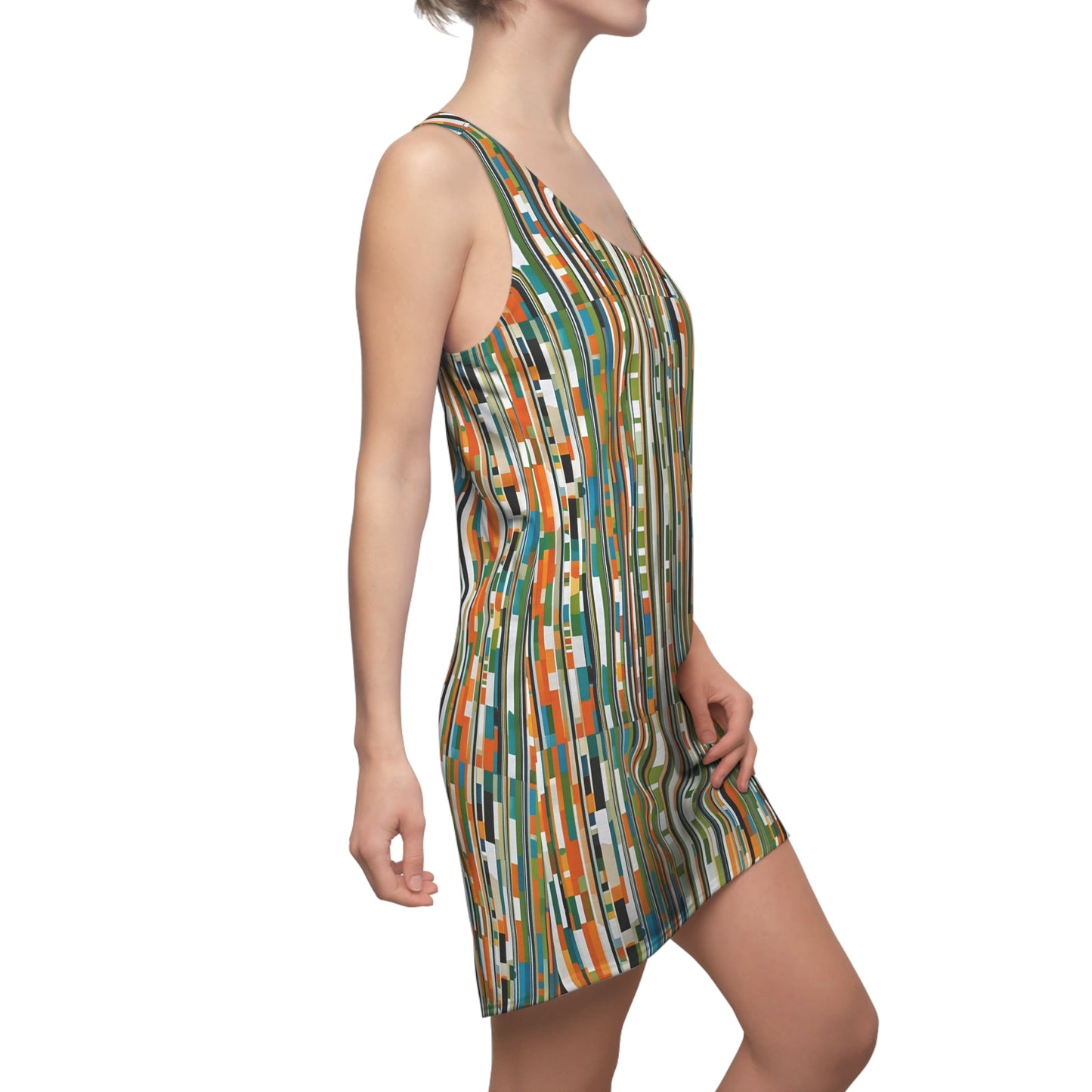 Abstract Striped Racerback Dress — Retro Olive & Orange Geometric Print Printify bakabo.club