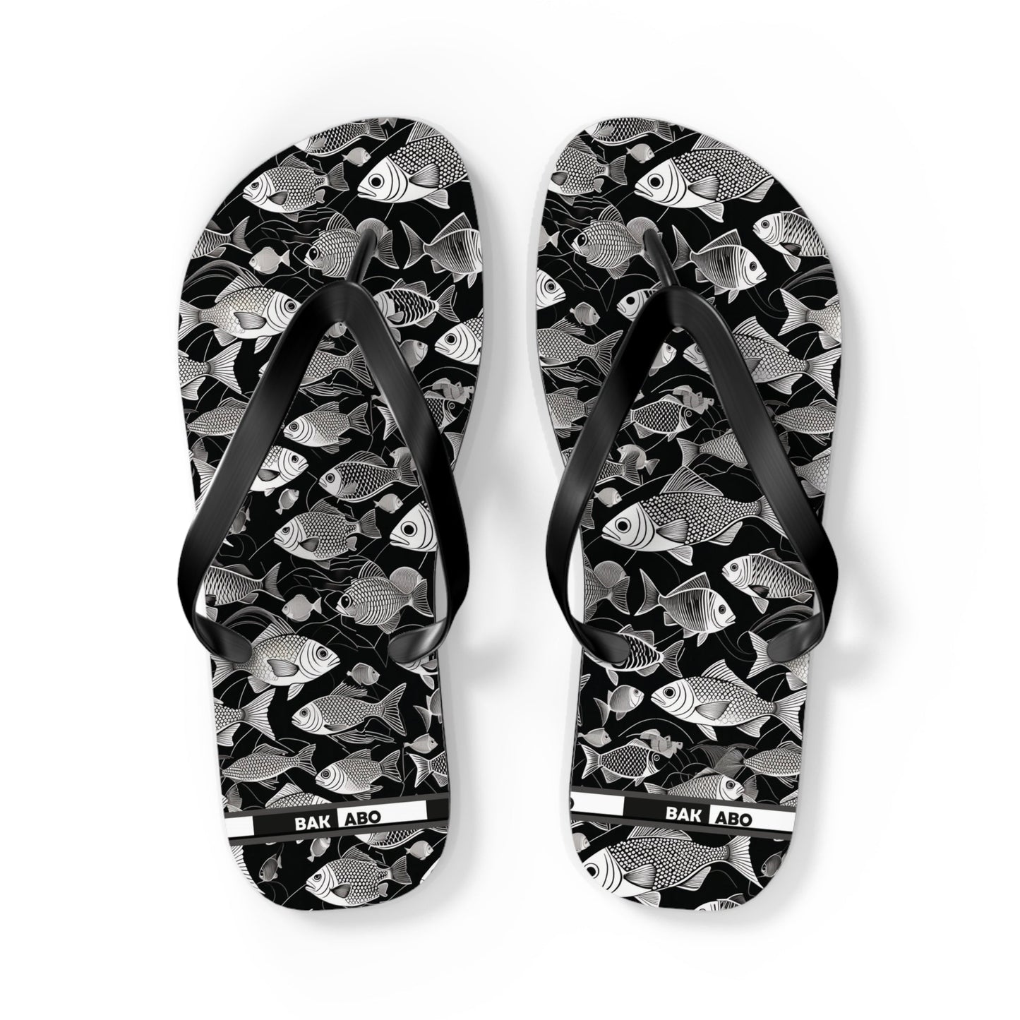 Tropical Fish Flip Flops — Black & White Beach Sandals with Fish Pattern Printify bakabo.club