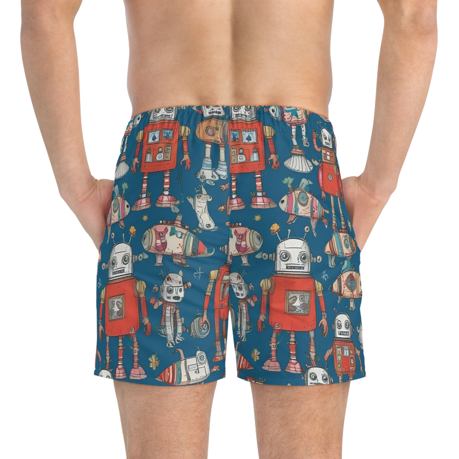 Retro Robot Swim Trunks — Vintage Toy Robot All-Over Print Swim Shorts Printify bakabo.club