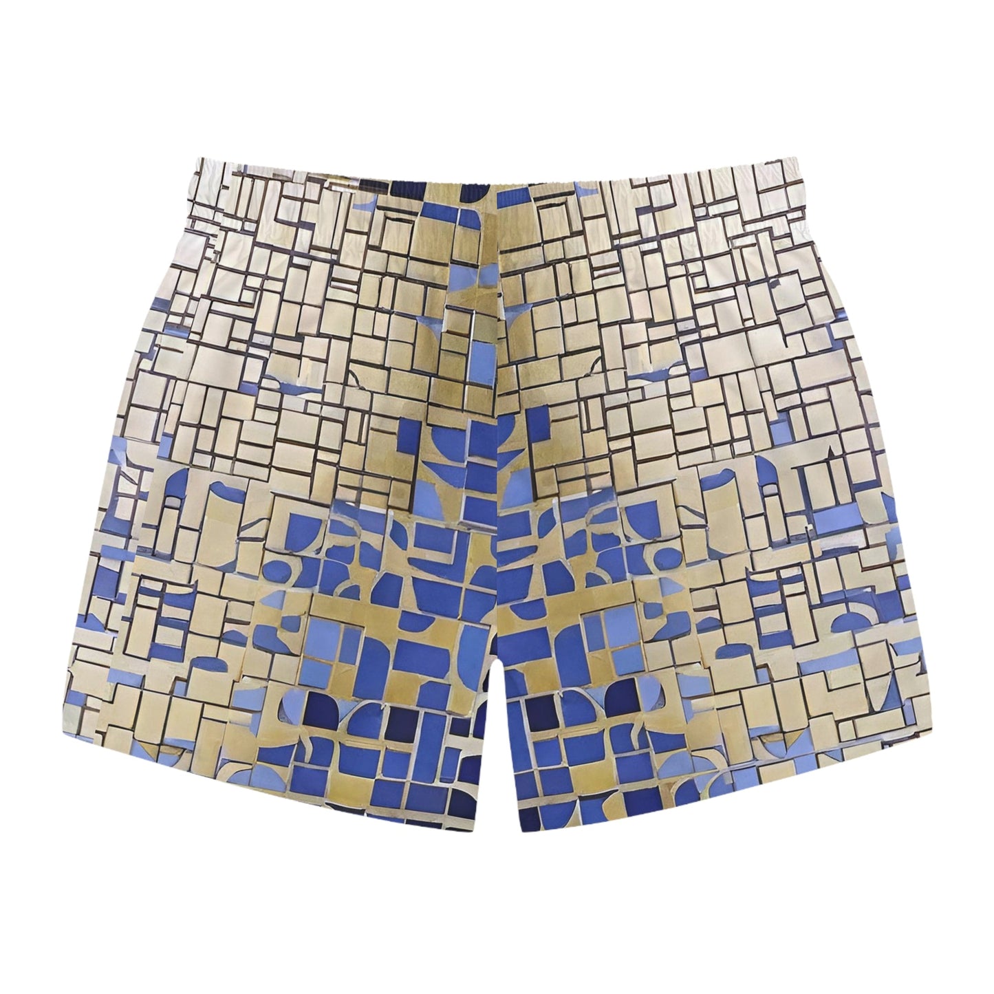 Geometric Mosaic Swim Trunks — Blue & Sand All-Over Print Printify bakabo.club