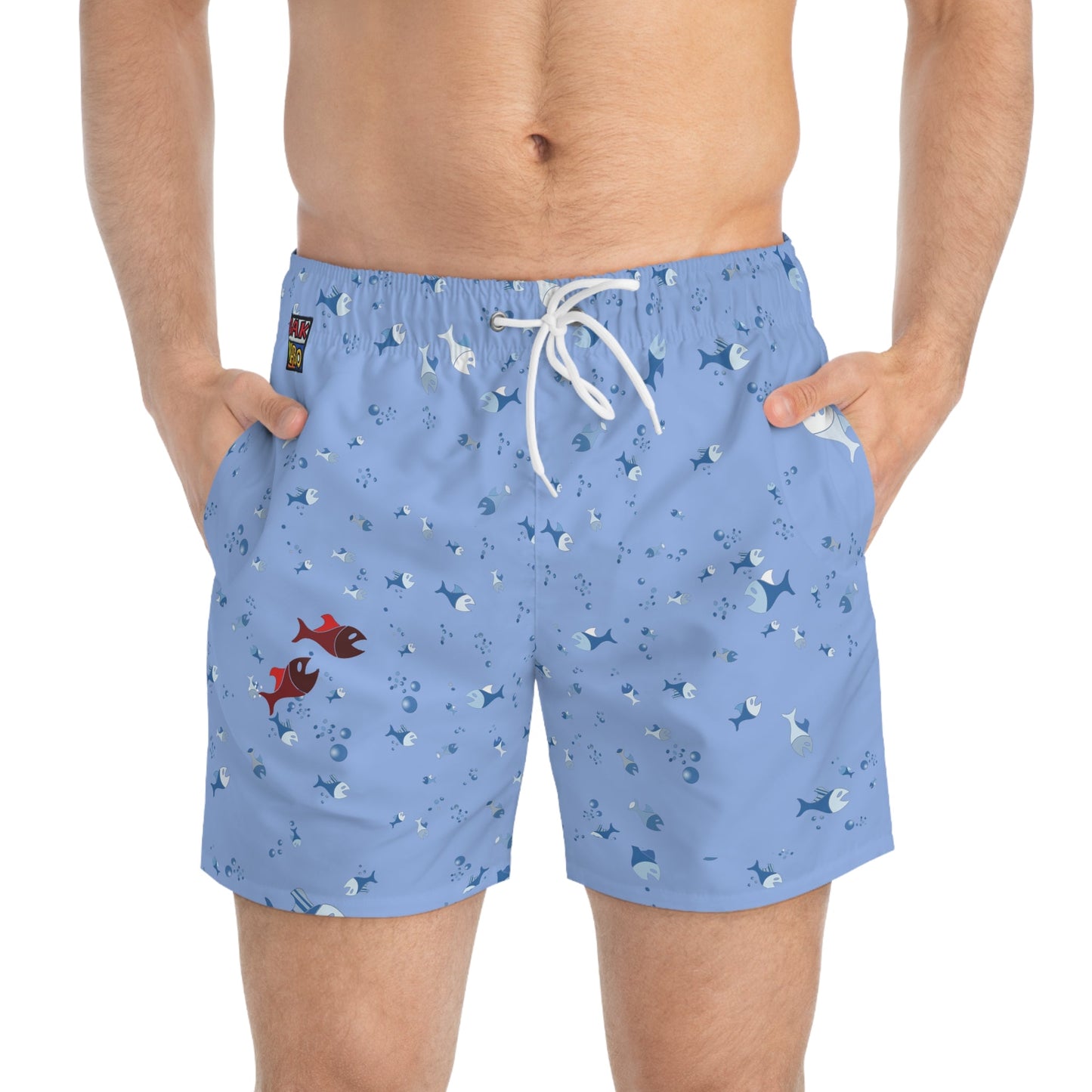 Shark & Fish Pattern Swim Trunks — Light Blue Beach Shorts Printify bakabo.club