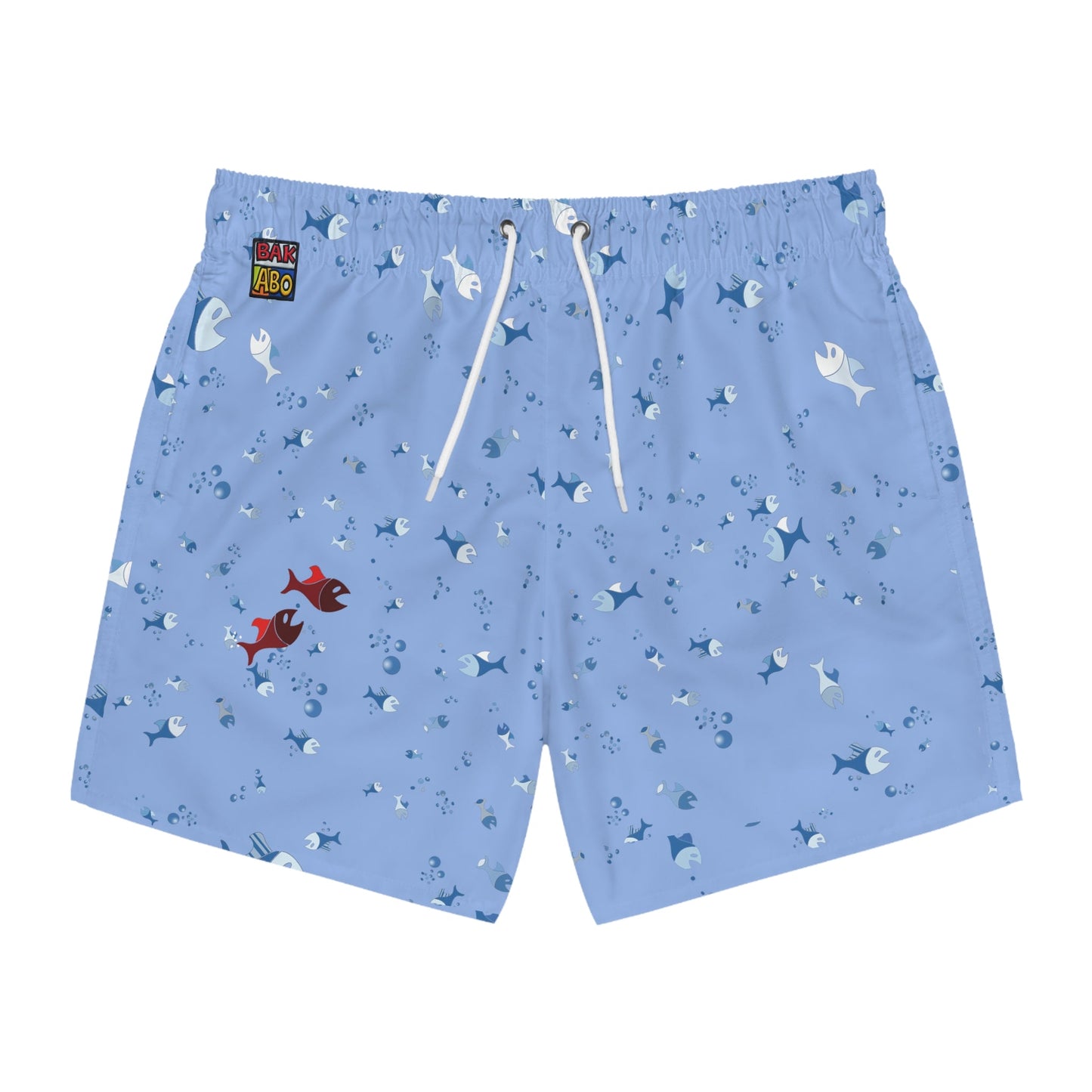 Shark & Fish Pattern Swim Trunks — Light Blue Beach Shorts Printify bakabo.club