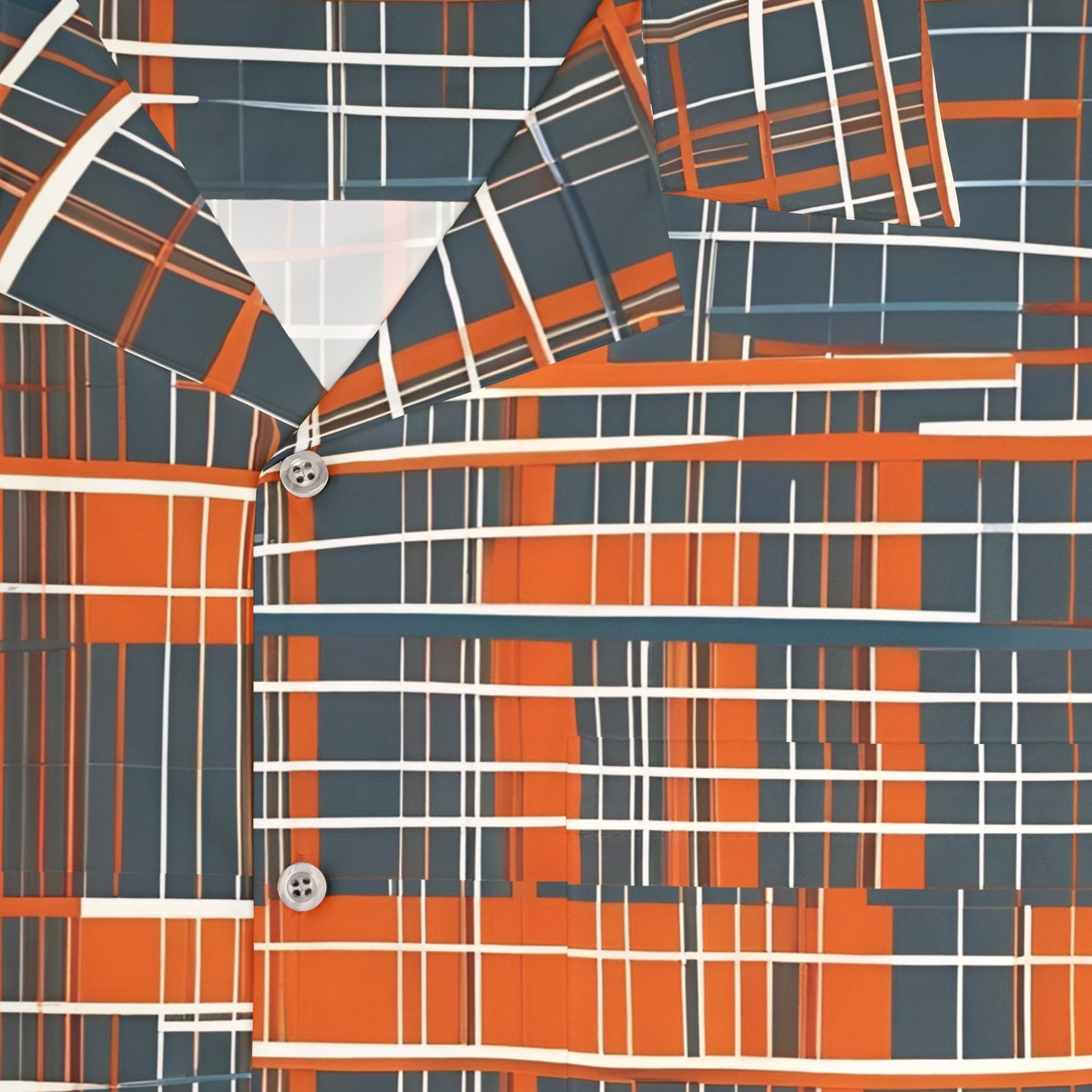 Retro Grid Plaid Hawaiian Shirt — Men's Vintage Orange & Slate AOP Camp Collar Printify bakabo.club