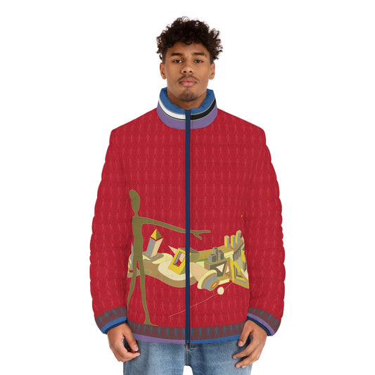 Puffer Jacket — Red Cityscape Graphic with Figure BakAbo Studio BKS bakabo.club