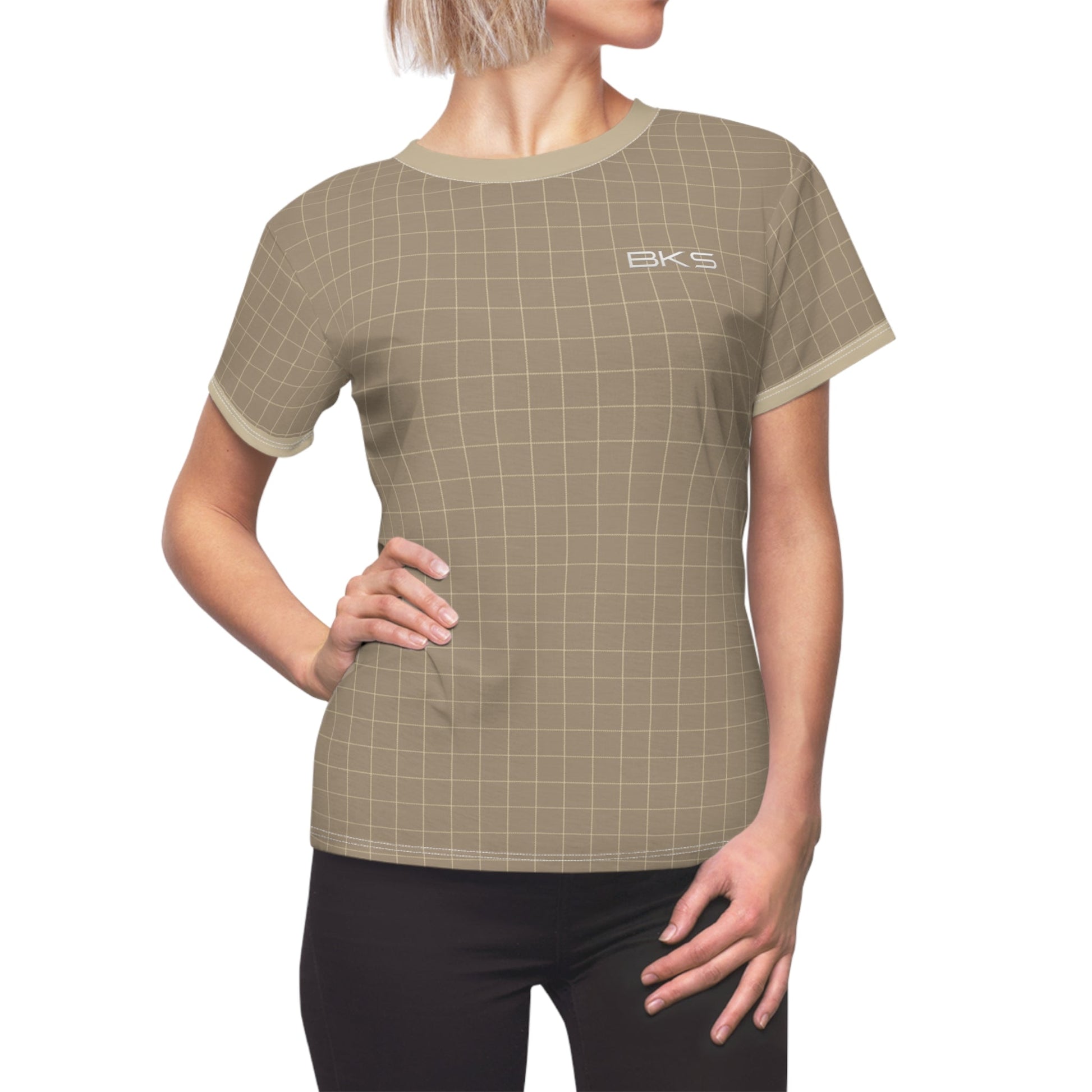 Beige Grid Women's Tee — 'BKS' Minimal Graphic Cut & Sew T‑Shirt Printify bakabo.club