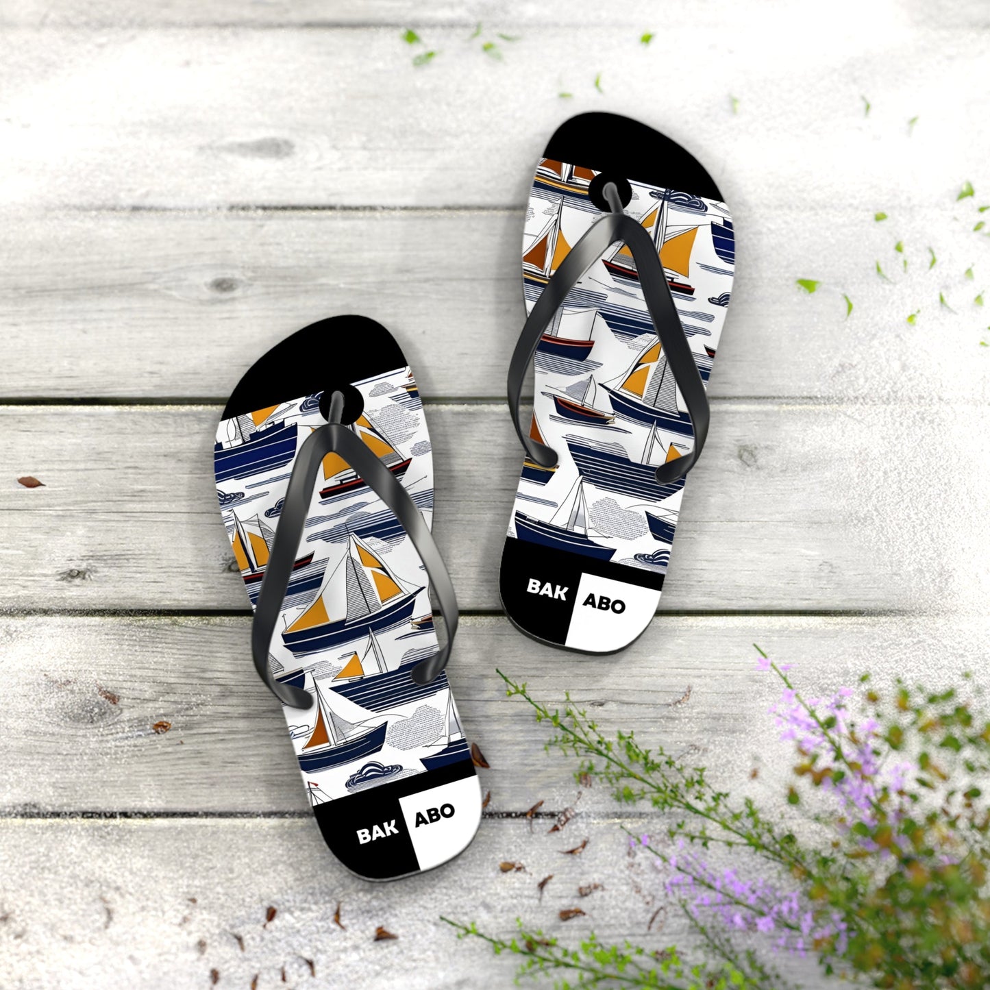 Nautical Sailboat Flip Flops – Blue & Gold Beach Sandals Printify bakabo.club