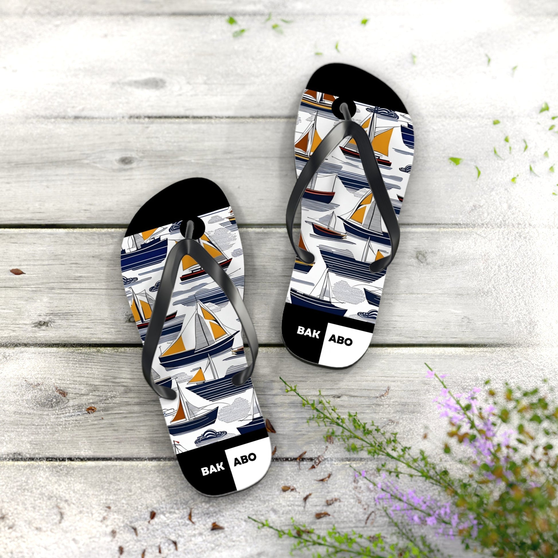 Nautical Sailboat Flip Flops – Blue & Gold Beach Sandals Printify bakabo.club