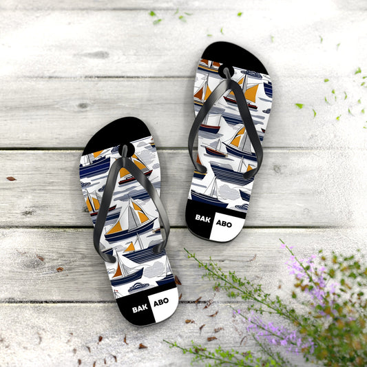 Nautical Sailboat Flip Flops – Blue & Gold Beach Sandals Printify bakabo.club