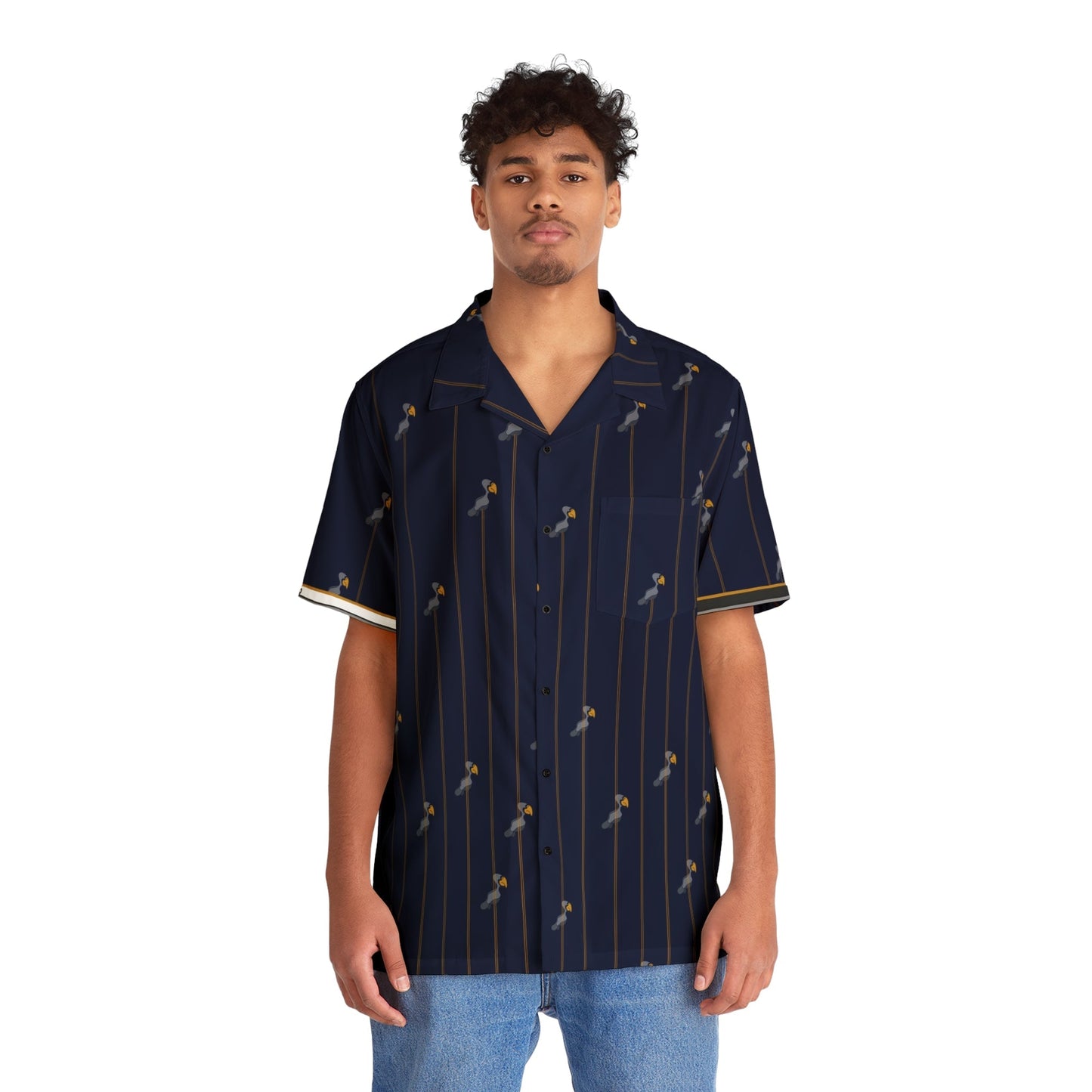 Navy Palm Stripe Hawaiian Shirt — Tropical Retro Aloha Button-Up