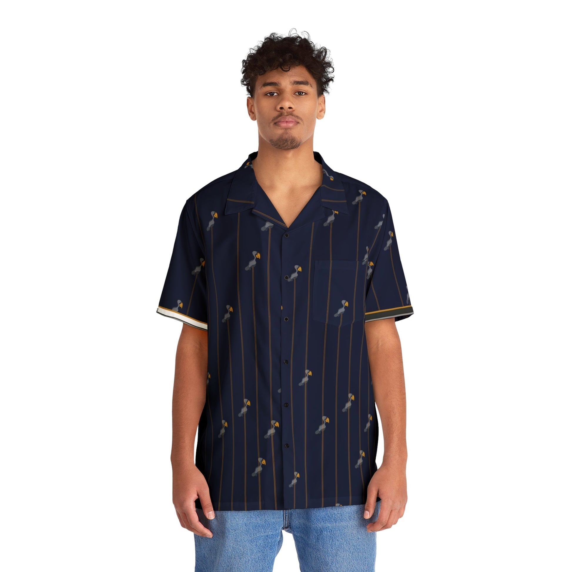 Navy Palm Stripe Hawaiian Shirt — Tropical Retro Aloha Button-Up
