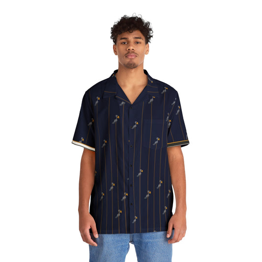 Navy Palm Stripe Hawaiian Shirt — Tropical Retro Aloha Button-Up