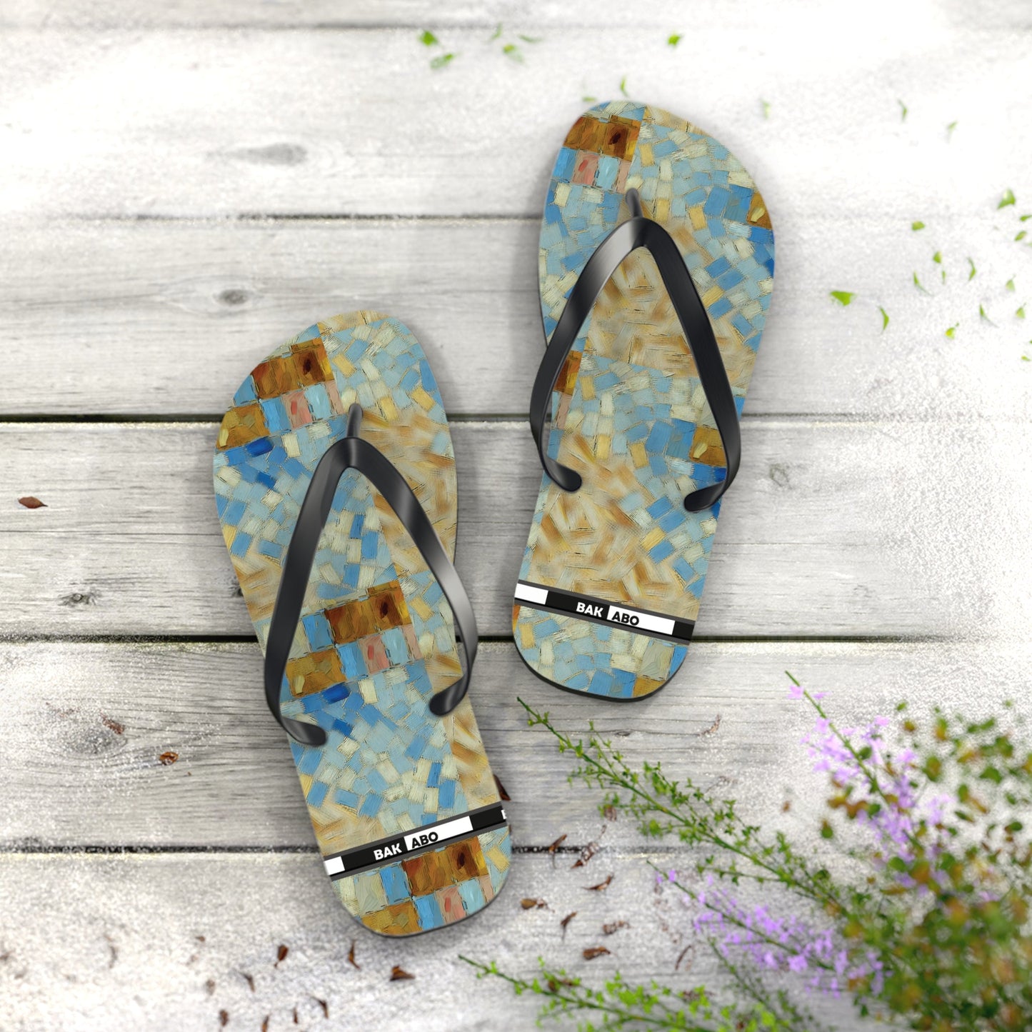 Mosaic Tile Flip Flops — Blue & Sand Beach Sandals Printify bakabo.club
