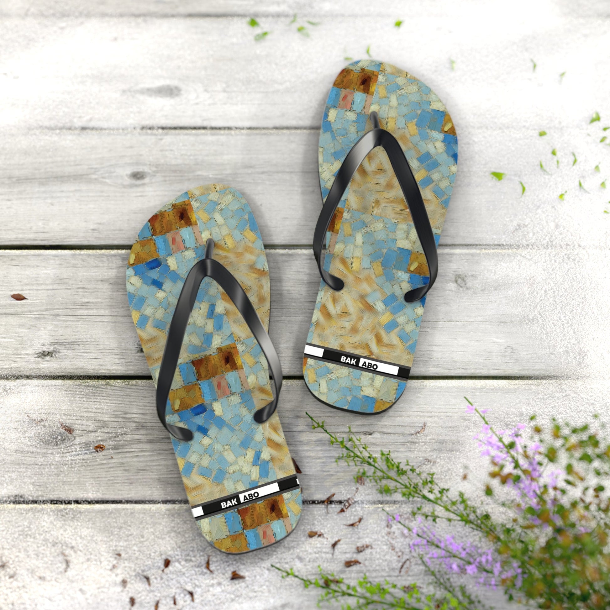 Mosaic Tile Flip Flops — Blue & Sand Beach Sandals Printify bakabo.club