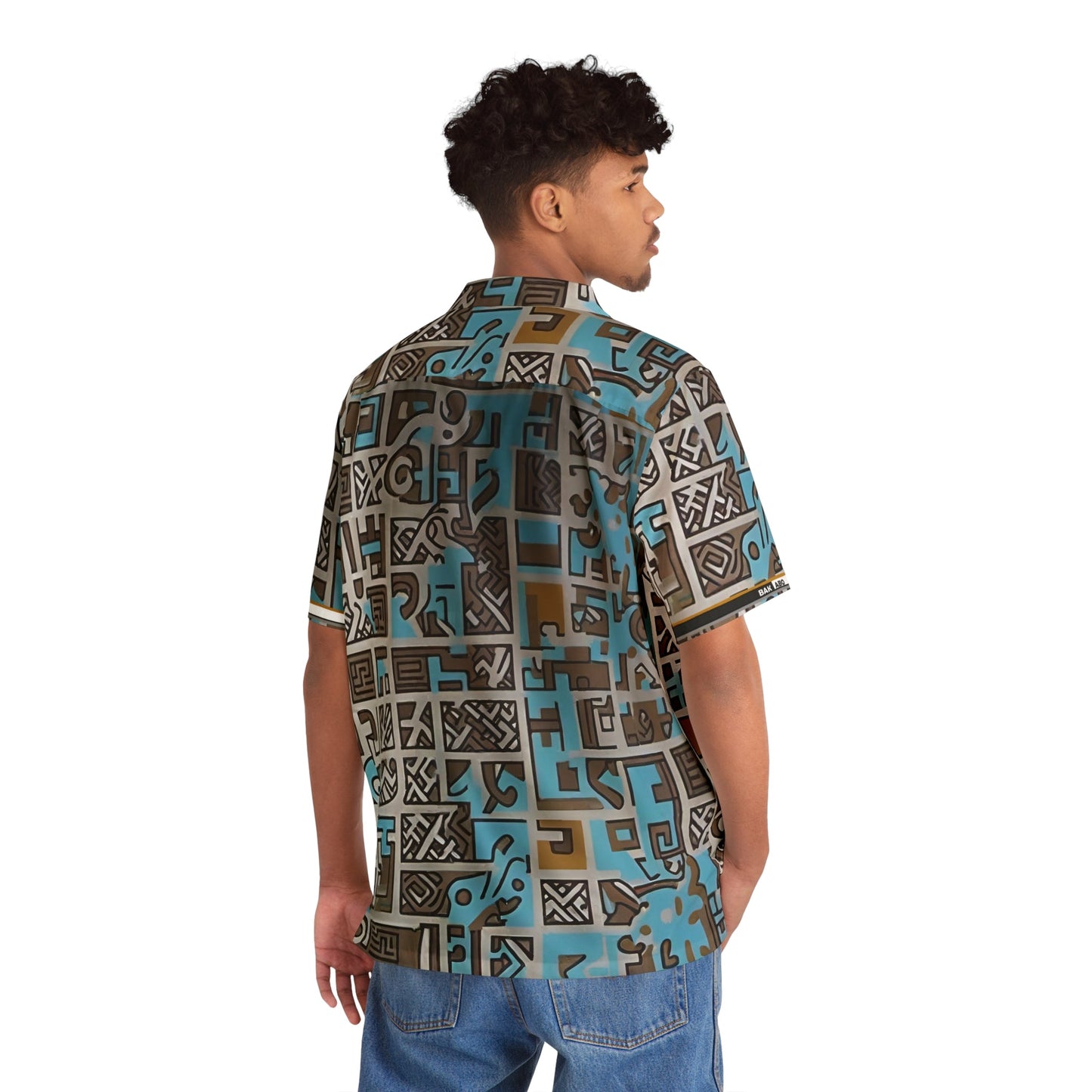 Tribal Geo Print Hawaiian Shirt — Blue & Taupe AOP Printify bakabo.club