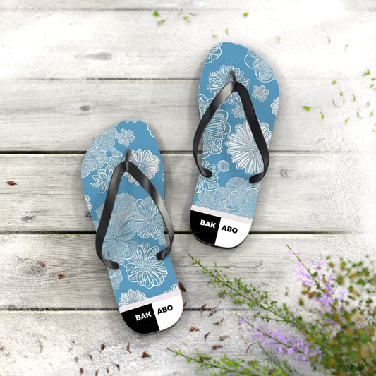 Blue Floral Flip Flops – Lightweight Summer Beach Sandals with White Daisy Pattern Printify bakabo.club
